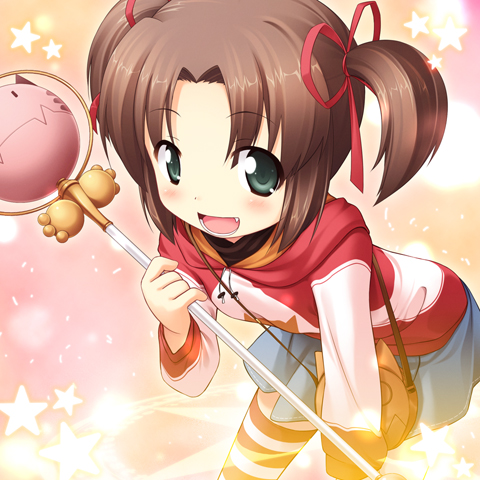 inuarashi, amatsuka yuuna, baby princess, lowres, 10s, blush, brown hair, child, fang, green eyes, pouch, short twintails, skirt, solo, staff, striped clothes, striped thighhighs, thighhighs, twintails