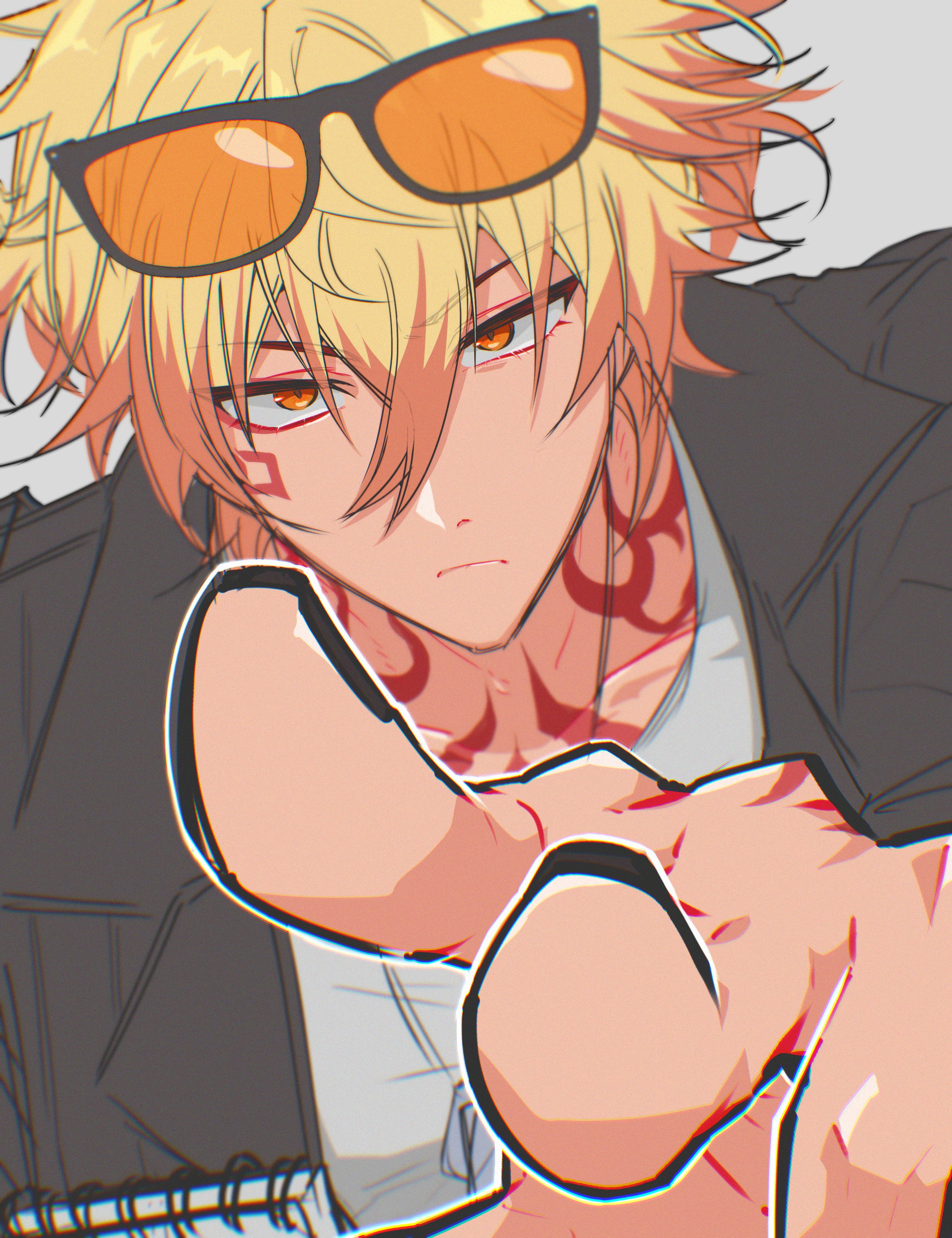 mydei (honkai: star rail), honkai: star rail, honkai (series), absurdres, commentary, highres, 1boy, black jacket, blonde hair, braid, collared shirt, facial tattoo, gradient hair, gyosutlqkf, jacket, male focus, medium hair, multicolored hair, nail polish, neck tattoo, open clothes, open jacket, red hair, red tattoo, shirt, side braid, solo, tattoo, white shirt, yellow eyes