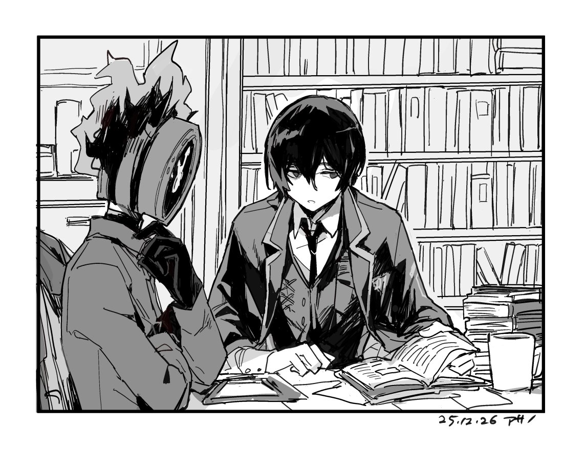 dante (limbus company), yi sang (project moon), limbus company, project moon, hashtag-only commentary, 1boy, 1other, book, bookshelf, clock, coat, coat on shoulders, collared shirt, cup, dated, fire, gloves, greyscale, indoors, library, logflops, monochrome, mug, necktie, object head, open book, shirt, vest