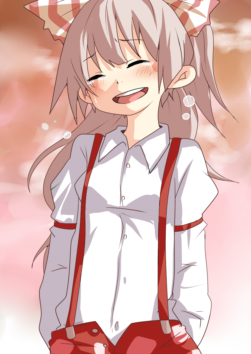 pun2, fujiwara no mokou, touhou, silver hair, bad id, bad pixiv id, 1girl, bow, closed eyes, crying, female focus, gradient background, hair bow, hair ribbon, long hair, ribbon, solo, suspenders, tears