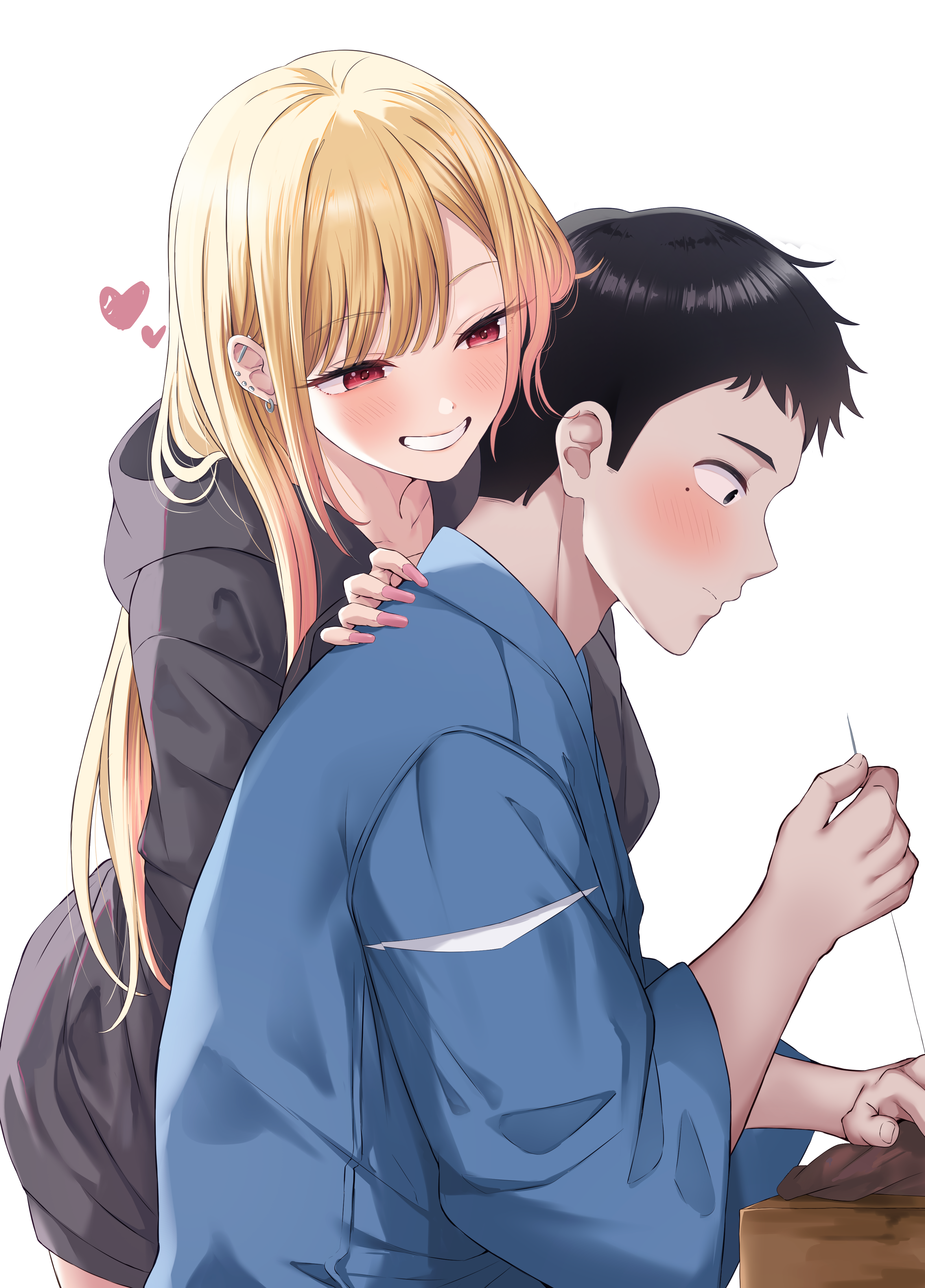 norazura, gojou wakana, kitagawa marin, sono bisque doll wa koi wo suru, absurdres, commentary request, highres, 1boy, 1girl, black hair, black hoodie, blonde hair, blue kimono, blush, closed mouth, collarbone, fingernails, grey eyes, grin, hand on another's shoulder, heart, hood, hood down, hoodie, japanese clothes, kimono, long fingernails, long hair, long sleeves, mole, mole under eye, nail polish, needle, pink nails, profile, red eyes, sewing, sewing needle, simple background, smile, very long hair, white background, wide sleeves