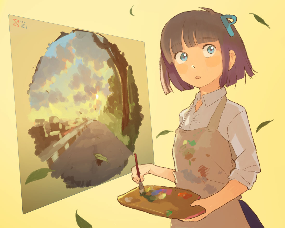 uichi, pixiv-tan, pixiv, bad id, bad pixiv id, 1girl, apron, art brush, blouse, blue eyes, blunt bangs, brown hair, canvas (object), cloud, paint palette, paintbrush, painting (action), shirt, simple background, sky, sleeves rolled up, sun, white shirt, yellow background