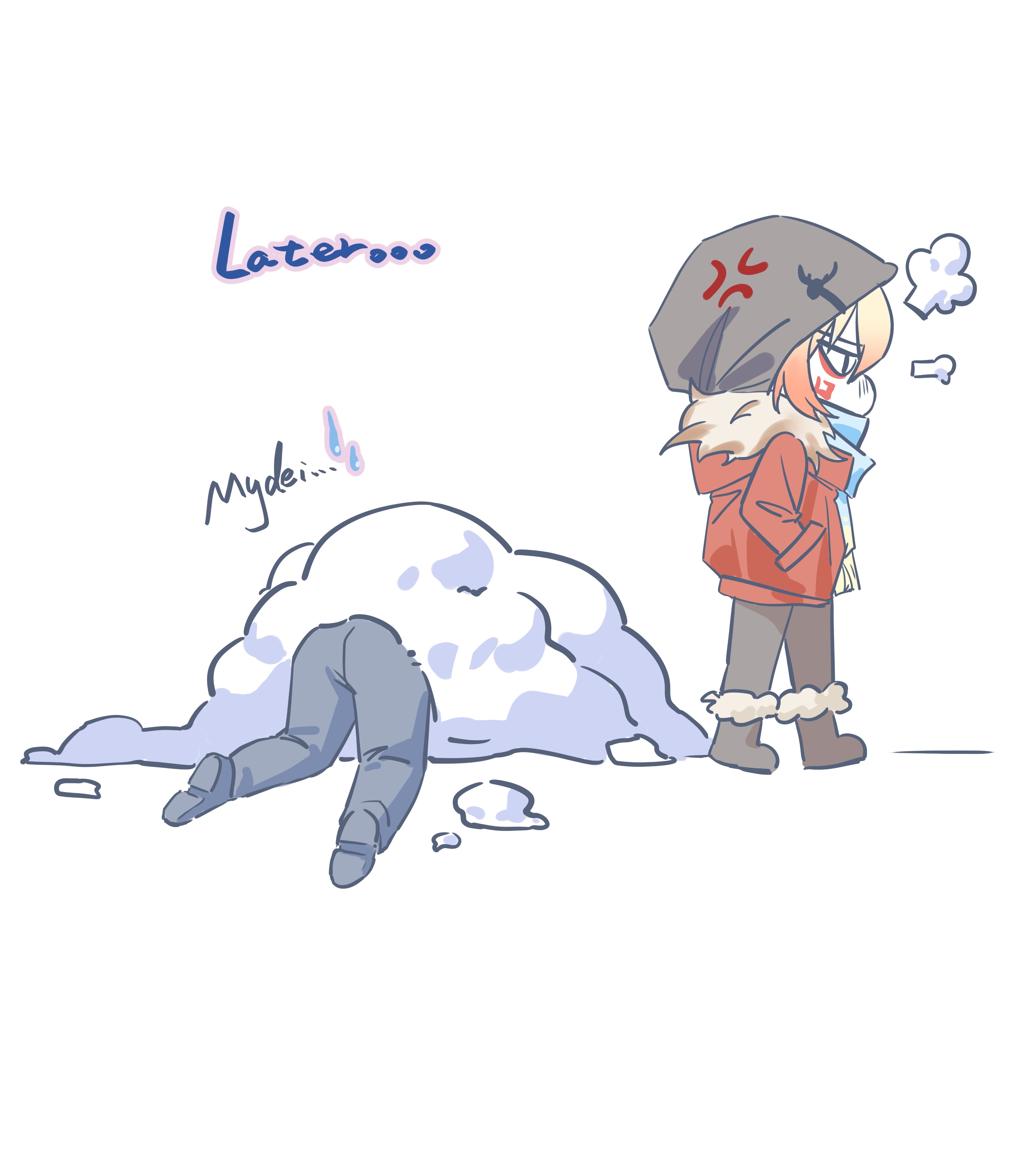 yinghuacanluo, mydei (honkai: star rail), phainon (honkai: star rail), honkai: star rail, honkai (series), absurdres, chinese commentary, commentary request, highres, 2boys, anger vein, black pants, black shoes, blonde hair, blue scarf, boots, braid, facial tattoo, fur-trimmed boots, fur-trimmed jacket, fur trim, gradient hair, jacket, male focus, medium hair, multicolored hair, multiple boys, pants, puff of air, red hair, red jacket, red tattoo, scarf, shoes, side braid, simple background, snow, tattoo, white background