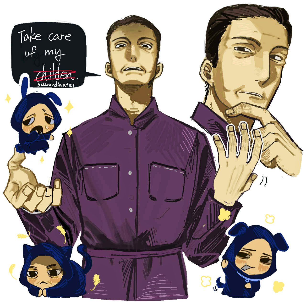 cultist 1 (no i'm not a human), cultist 2 (no i'm not a human), cultist 3 (no i'm not a human), death cult leader (no i'm not a human), no i'm not a human, commentary, english commentary, highres, 4boys, black eyes, blush, brown hair, cat boy, chibi, cosplay, dog boy, english text, finger to own chin, jacket, kigurumi, lnyunzhn1, looking at viewer, male focus, multiple boys, open mouth, purple jacket, rabbit boy, teeth, tongue, tongue out, upper body, upper teeth only, white background