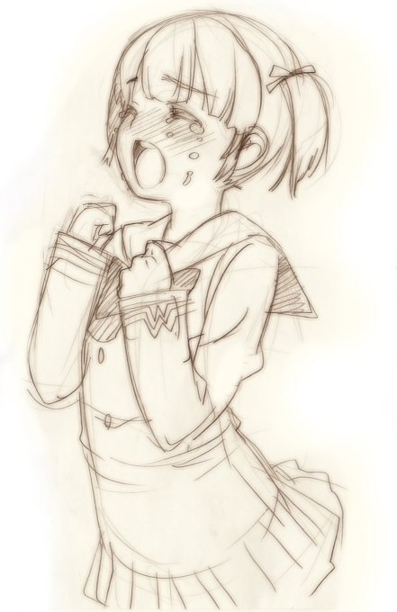 madara sai, blush, monochrome, school uniform, short hair, short twintails, sketch, solo, tears, twintails