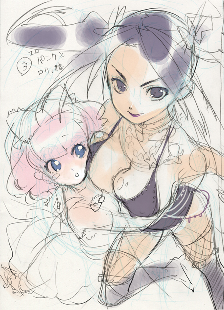 madara sai, blue eyes, blush, breasts, cleavage, dress, hug, large breasts, long hair, pink hair, sketch, smile