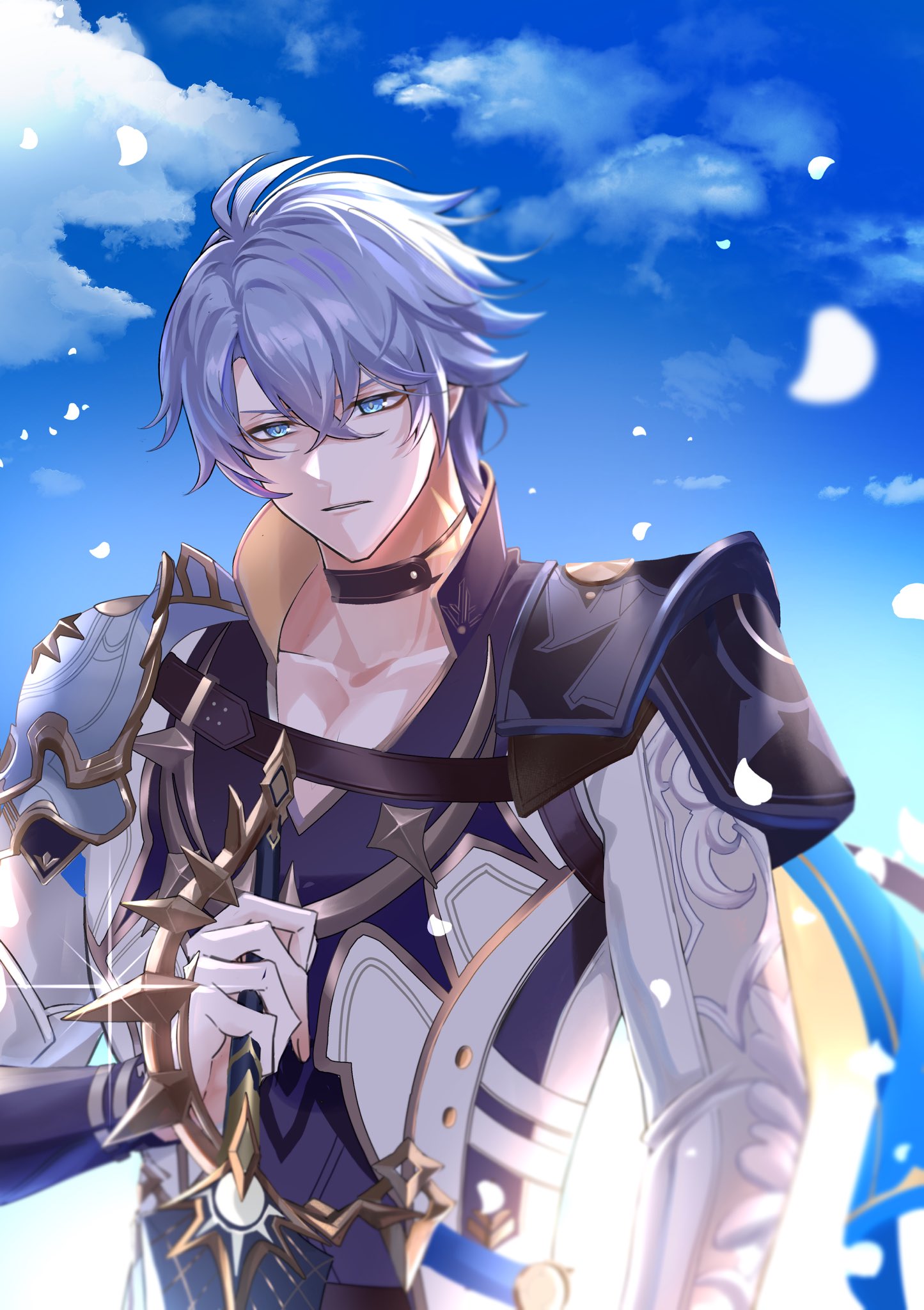 aice alice ice, phainon (honkai: star rail), honkai: star rail, honkai (series), commentary request, highres, 1boy, antenna hair, armor, black choker, black gloves, black shirt, blue cape, blue eyes, blue sky, cape, choker, coat, dawnmaker (honkai: star rail), falling petals, fingerless gloves, gloves, holding, holding sword, holding weapon, male focus, neck tattoo, parted bangs, pauldrons, petals, shirt, short hair, shoulder armor, single glove, single pauldron, sky, solo, sun symbol, sun tattoo, sword, tan, tattoo, weapon, white coat, white hair