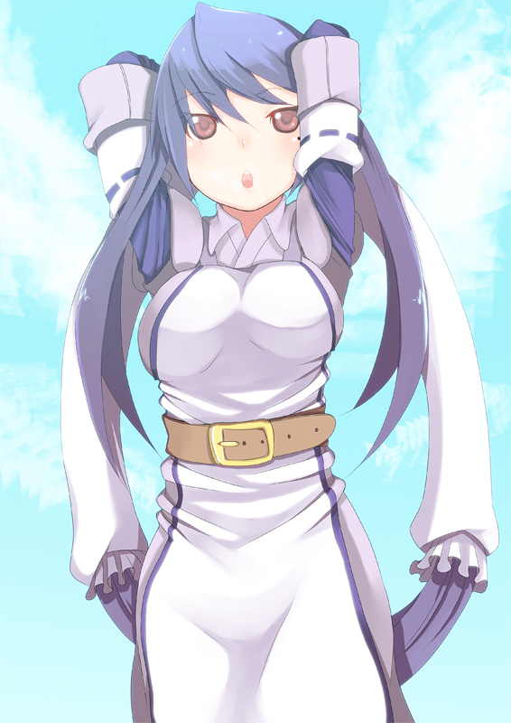 johnny funamushi, anastasia valeria, wild arms, wild arms 2, bad id, bad pixiv id, 1girl, :o, aqua background, armor, armored dress, arms up, belt, blue hair, breasts, brown eyes, dress, female focus, large breasts, long hair, mole, red eyes, sky, solo