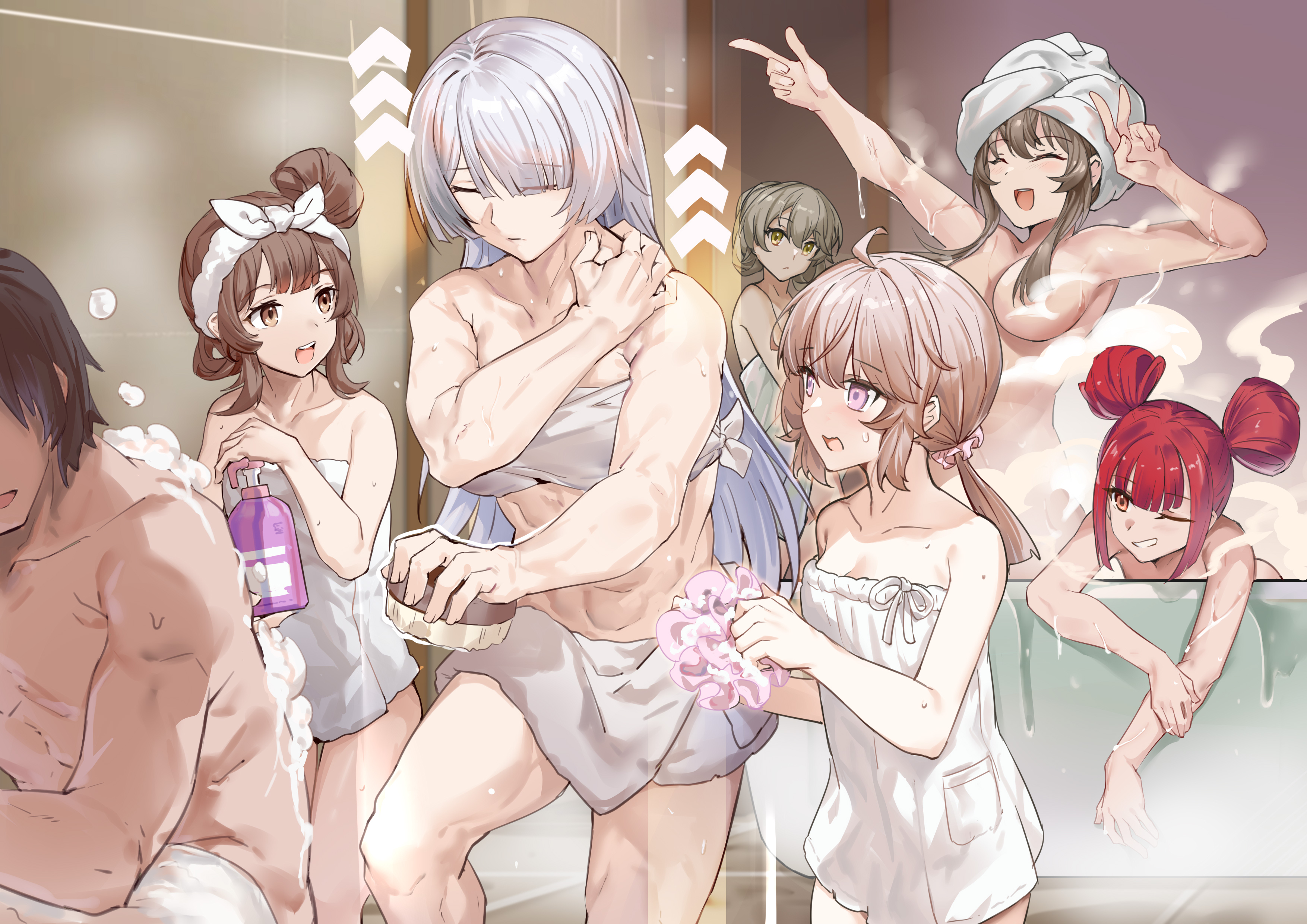 463 jun, ak-15 (girls' frontline), commander (girls' frontline), cz75 (girls' frontline), faye (girls' frontline 2), k2 (girls' frontline), lainie (girls' frontline 2), m200 (girls' frontline), mayling shen (girls' frontline 2), ump40 (girls' frontline), voymastina (girls' frontline 2), yoohee (girls' frontline 2), girls' frontline, girls' frontline 2: exilium, absurdres, commentary request, highres, 1boy, 6+girls, ahoge, bathroom, black hair, bottle, breasts, brown eyes, brown hair, cheyanne (girls' frontline 2), closed mouth, collarbone, convenient censoring, double bun, faceless, faceless male, fingernails, hair bun, hands up, holding, holding bottle, indoors, long hair, looking at another, medium breasts, medium hair, multiple girls, naked towel, nude, one eye closed, orange eyes, petite, pointing, ponytail, purple eyes, red hair, shared bathing, small breasts, smile, steam, steam censor, toned, toned female, toned male, towel, towel on head, wet, white hair, yellow eyes