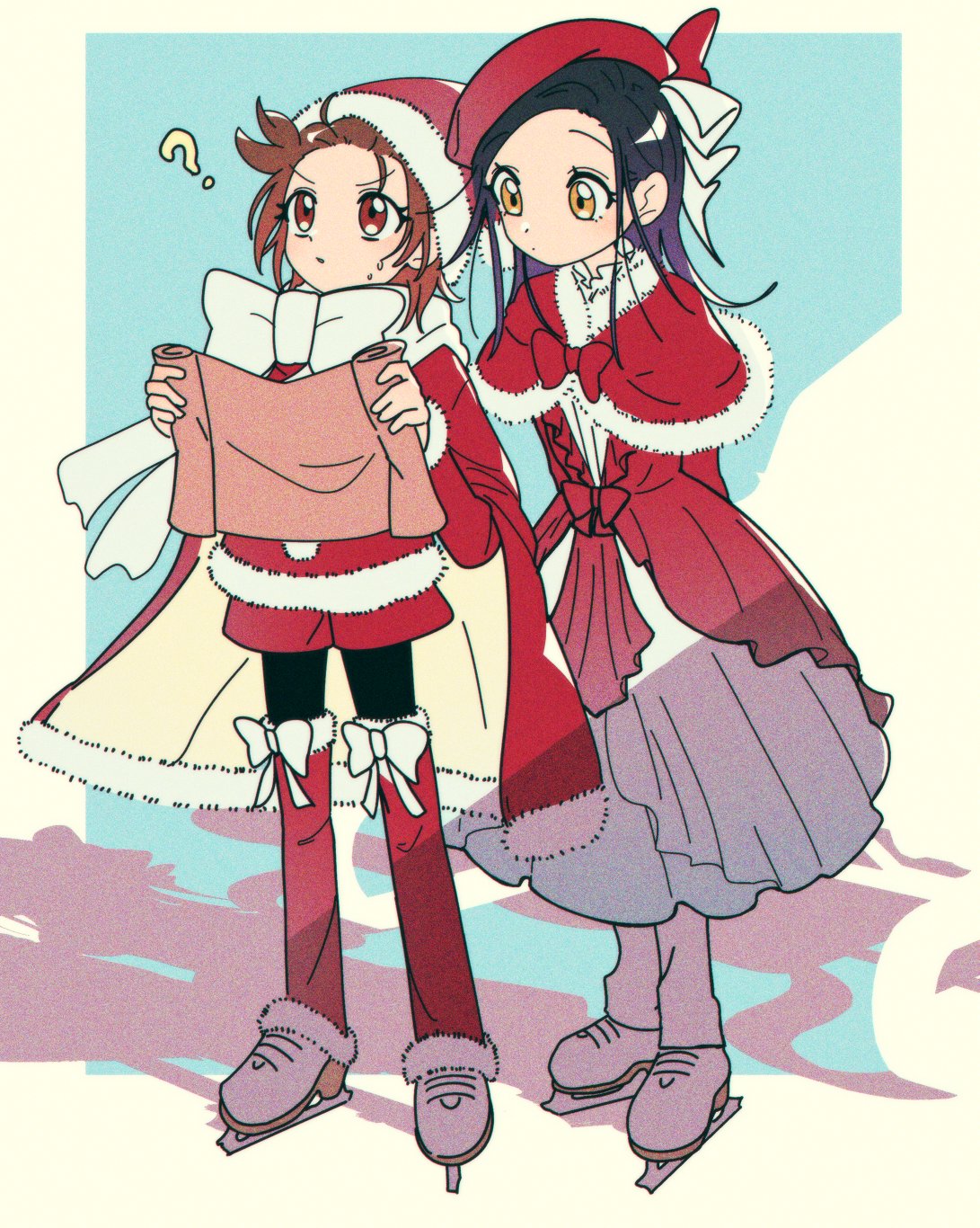 nzeneee, kamisaki hikaru, yuitsuka inori, medalist (manga), highres, 2girls, ?, arms behind back, cape, multiple girls, roller skates, santa costume, skates, standing