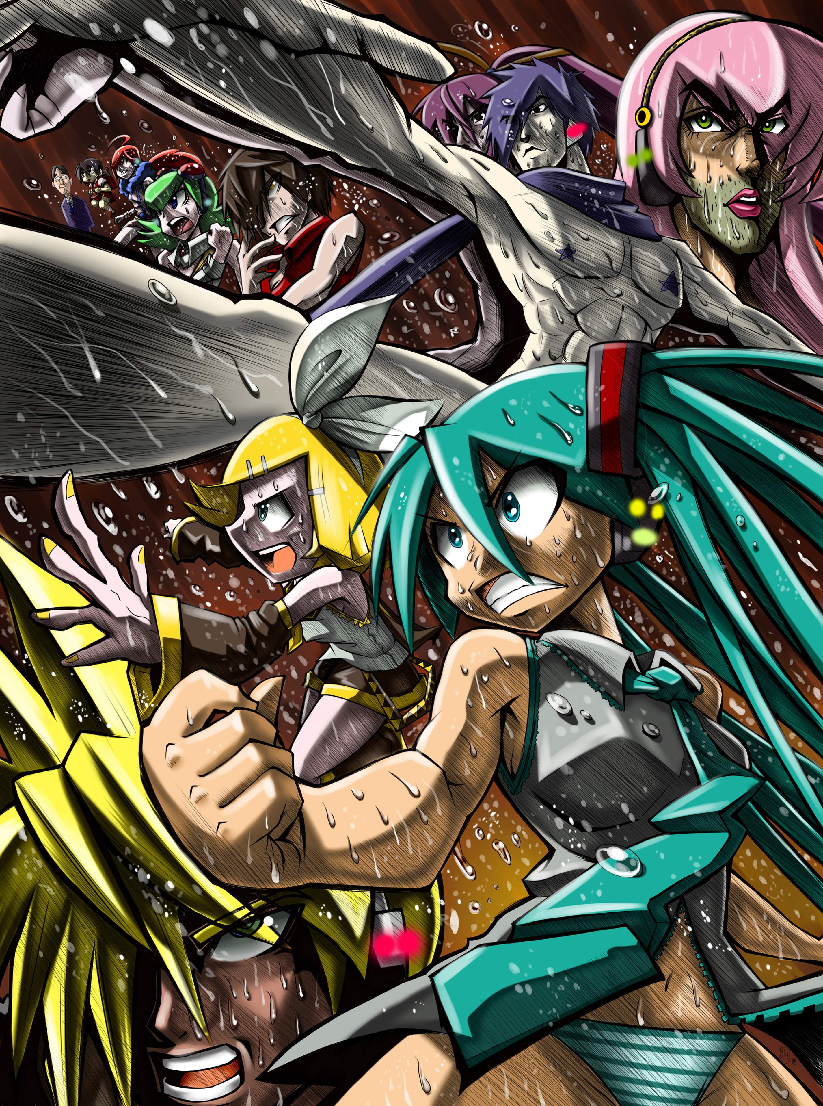 givuchoko, gumi, hatsune miku, hiyama kiyoteru, kaai yuki, kagamine len, kagamine rin, kaito (vocaloid), kamui gakupo, megurine luka, meiko (vocaloid), sf-a2 miki, vocaloid, absurdres, bad id, bad pixiv id, highres, 5boys, 5girls, aqua eyes, aqua hair, beard, blonde hair, blue eyes, blue hair, brown eyes, brown hair, epic, everyone, facial hair, genderswap, genderswap (ftm), green eyes, green hair, hair ornament, hair ribbon, hairclip, long hair, manly, multiple boys, multiple girls, muscular, nude, panties, pink hair, purple hair, red eyes, red hair, ribbon, short hair, striped clothes, striped panties, stubble, sweat, twintails, underwear, what