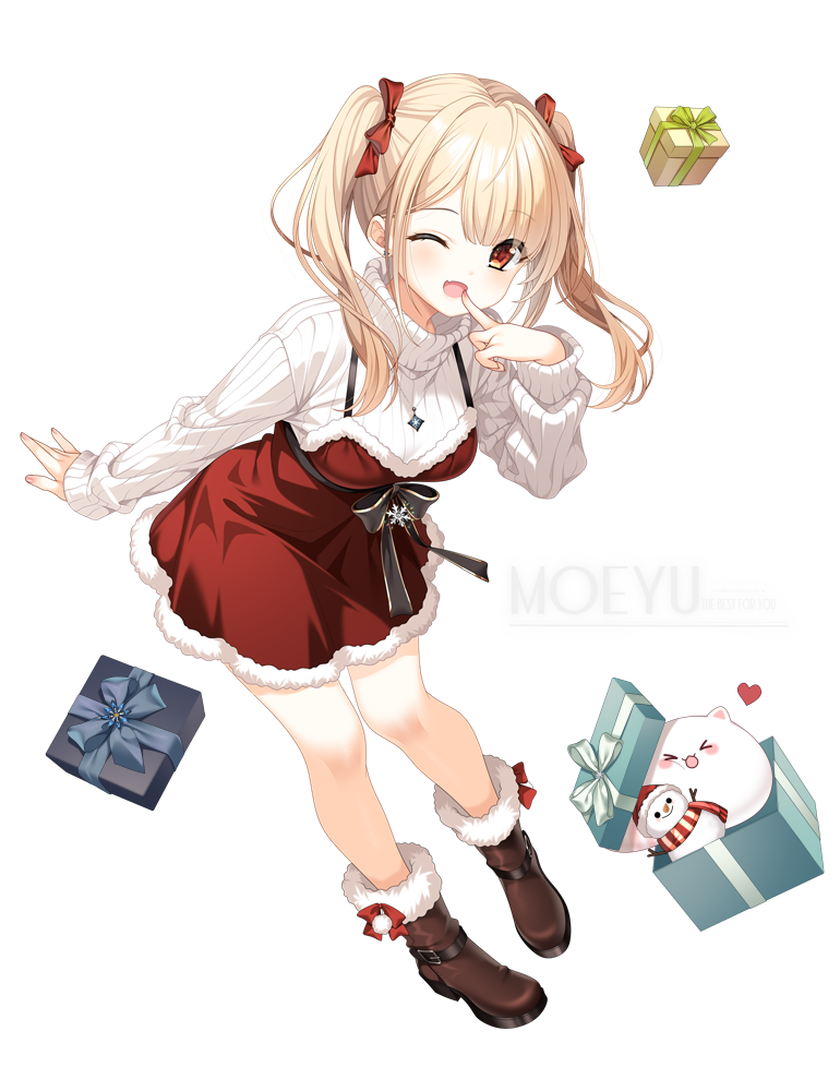 loading (verjuice), original, commentary request, 1girl, ;d, blonde hair, boots, bow, box, breasts, brown boots, dress, fang, finger to mouth, full body, fur-trimmed boots, fur-trimmed dress, fur trim, gift, gift box, hair bow, hand up, long hair, long sleeves, looking at viewer, medium breasts, one eye closed, open mouth, puffy long sleeves, puffy sleeves, red bow, red dress, red eyes, ribbed sweater, simple background, sleeves past wrists, smile, solo, sweater, turtleneck, turtleneck sweater, twintails, white background, white sweater