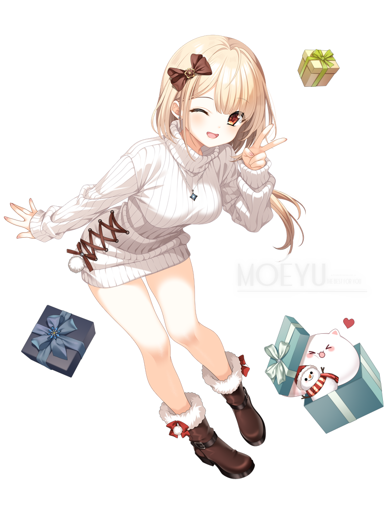 loading (verjuice), original, 1girl, ;d, blonde hair, boots, bow, box, breasts, brown boots, brown bow, full body, fur-trimmed boots, fur trim, gift, gift box, hair bow, hand up, long hair, looking at viewer, medium breasts, one eye closed, open mouth, red eyes, ribbed sweater, simple background, smile, solo, sweater, turtleneck, turtleneck sweater, v, very long hair, white background, white sweater