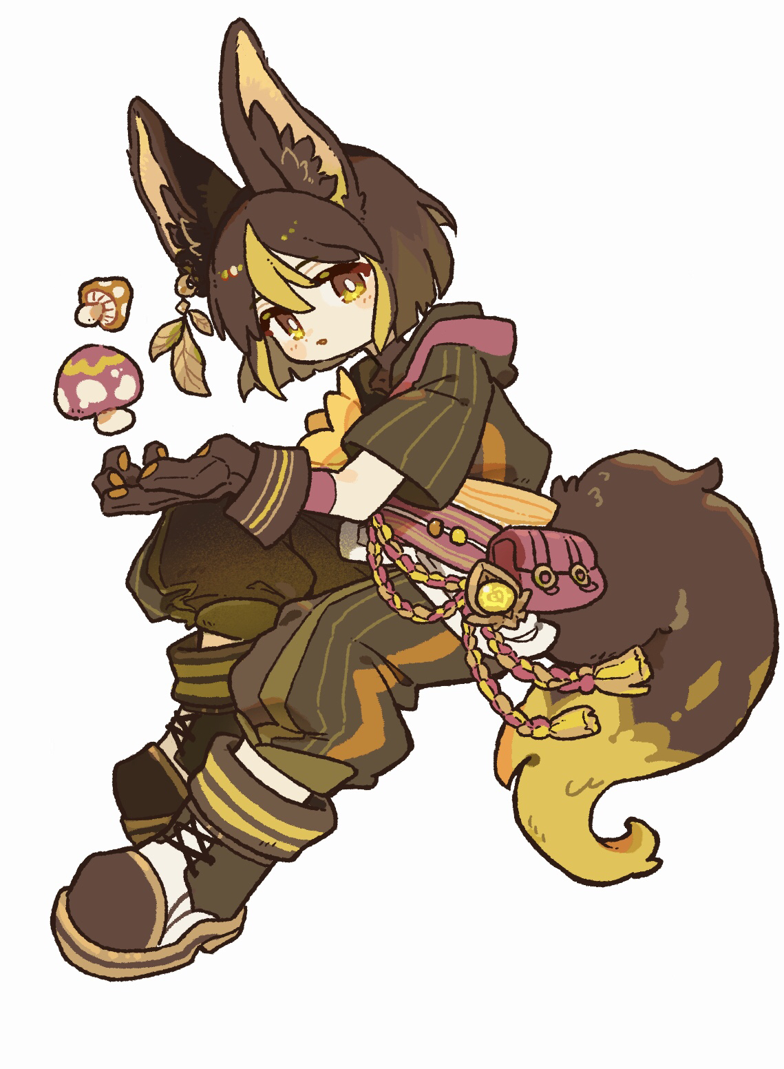 harukui, tighnari (genshin impact), genshin impact, commentary request, highres, 1boy, animal ear fluff, animal ears, bag, black boots, black gloves, black pants, black shirt, blonde hair, boots, bright pupils, brown hair, double-parted bangs, fox boy, fox ears, fox tail, full body, gloves, hair between eyes, looking at viewer, male focus, multicolored hair, mushroom, pants, parted lips, shirt, short hair, short sleeves, simple background, solo, tail, two-tone hair, white background, white pupils, yellow eyes