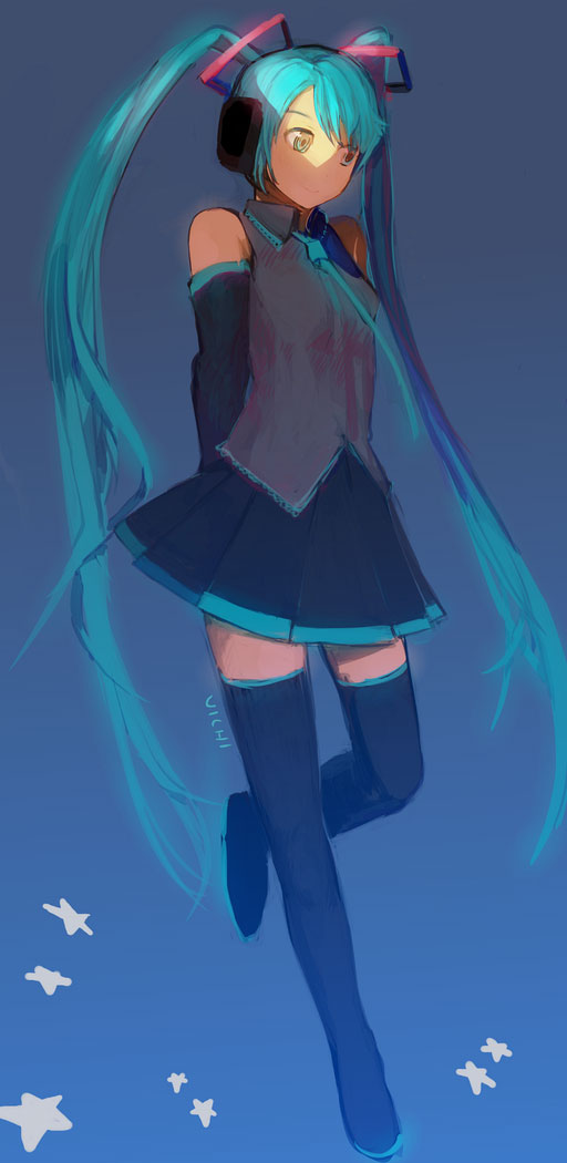 uichi, hatsune miku, vocaloid, bad id, bad pixiv id, aqua necktie, blouse, blue background, collared shirt, detached sleeves, full body, green eyes, green hair, grey shirt, hair ribbon, long hair, necktie, ribbon, shirt, sleeveless, sleeveless shirt, smile, solo, standing, standing on one leg, star (symbol), thighhighs, twintails, very long hair, zettai ryouiki