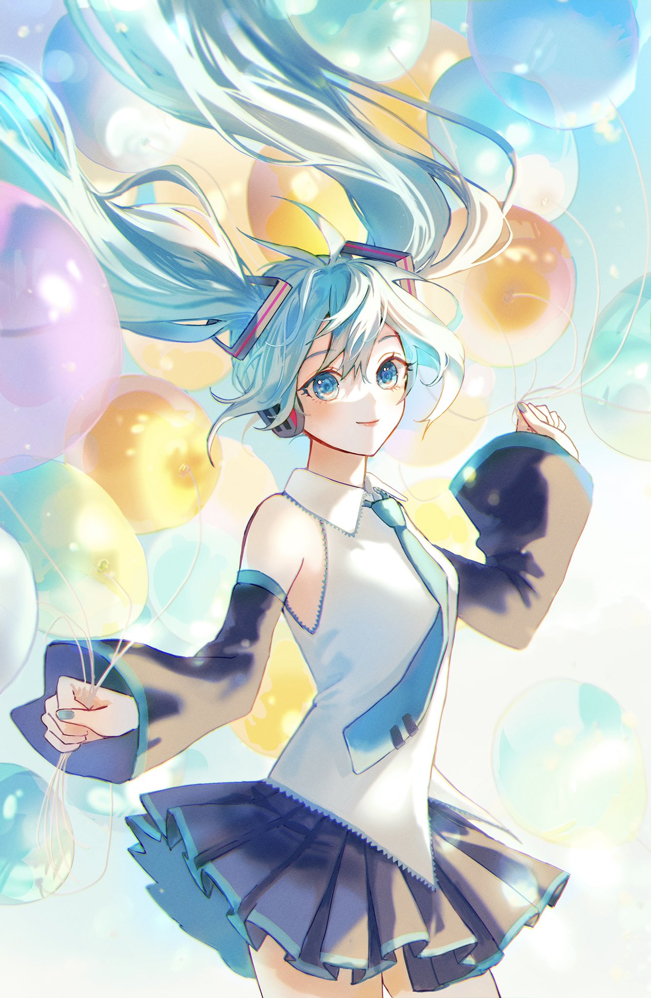 nori salt, hatsune miku, vocaloid, commentary request, highres, 1girl, aqua eyes, aqua hair, aqua nails, aqua necktie, balloon, black skirt, breasts, closed mouth, collared shirt, detached sleeves, fingernails, floating hair, hair between eyes, hair ornament, headset, holding, holding balloon, long hair, long sleeves, miniskirt, nail polish, necktie, pleated skirt, shirt, skirt, sleeveless, sleeveless shirt, small breasts, solo, tie clip, twintails, very long hair, white shirt, wide sleeves