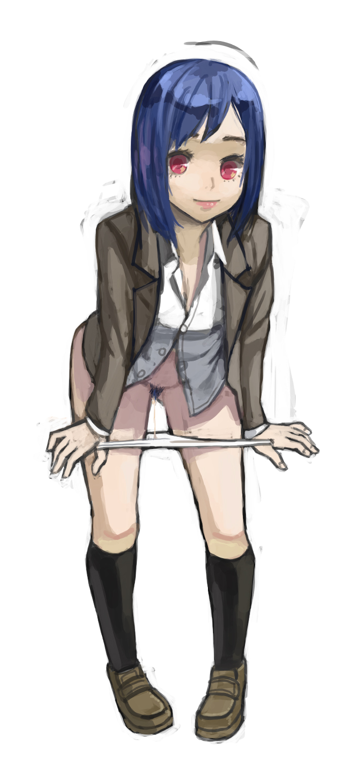 salamander (jonbonjovi82), highres, 1girl, blue hair, bottomless, female focus, female pubic hair, panties, panty pull, pubic hair, pussy juice, pussy juice trail, red eyes, short hair, smile, socks, solo, underwear, undressing