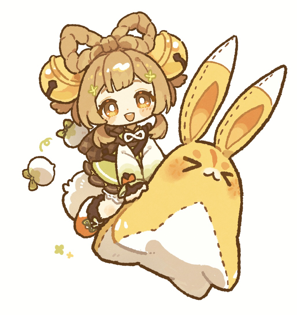 harukui, yaoyao (genshin impact), yuegui (genshin impact), genshin impact, commentary request, 1girl, :d, bell, blush stickers, bow-shaped hair, bright pupils, brown capelet, brown eyes, brown hair, capelet, chibi, chibi only, dress, green dress, hair bell, hair ornament, jingle bell, long sleeves, looking at viewer, open mouth, radish, red shoes, shoes, short hair, simple background, smile, white background, white pupils