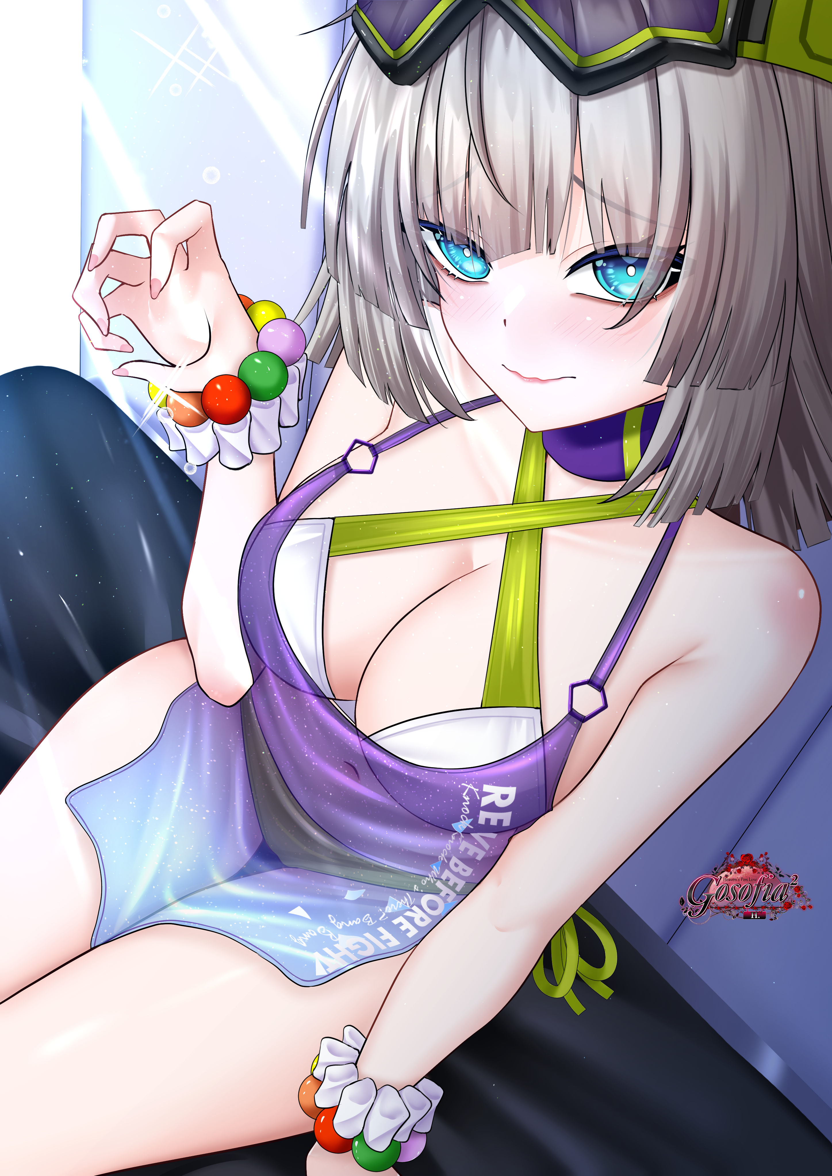 gosofia2, aa-12 (girls' frontline), aa-12 (the sun never rises) (girls' frontline), lind (girls' frontline 2), girls' frontline, girls' frontline 2: exilium, absurdres, commentary, english commentary, highres, paid reward available, textless version, 1girl, artist logo, artist name, blue eyes, breasts, bright pupils, brown hair, cleavage, closed mouth, clothes writing, goggles, goggles on head, logo, looking at viewer, official alternate costume, pink nails, scrunchie, see-through clothes, sitting, solo, wavy mouth, white pupils, white scrunchie, wrist scrunchie