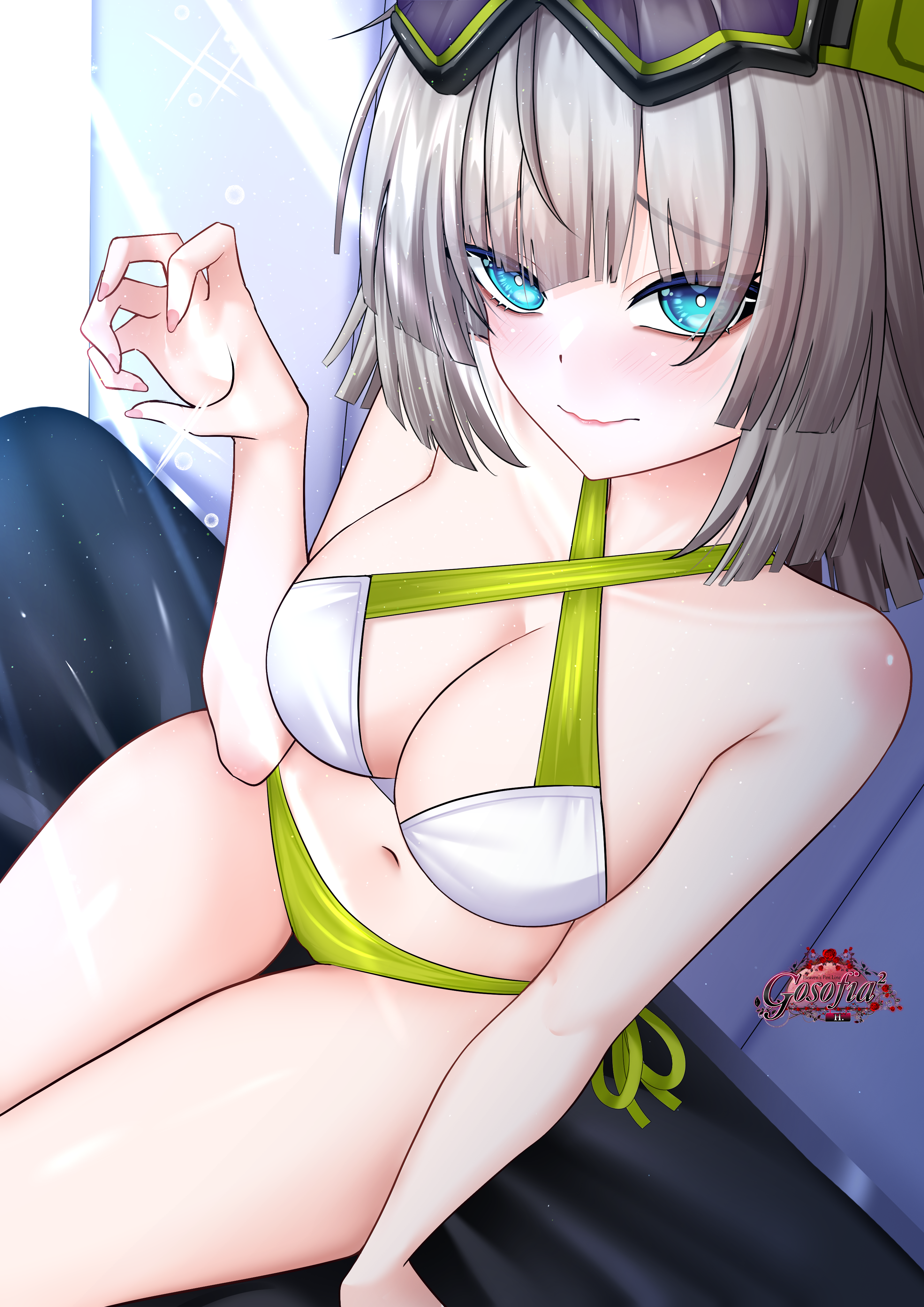 gosofia2, aa-12 (girls' frontline), aa-12 (the sun never rises) (girls' frontline), lind (girls' frontline 2), girls' frontline, girls' frontline 2: exilium, absurdres, commentary, english commentary, highres, paid reward available, textless version, 1girl, artist logo, artist name, blue eyes, breasts, bright pupils, brown hair, cleavage, closed mouth, goggles, goggles on head, logo, looking at viewer, official alternate costume, pink nails, scrunchie, sitting, solo, wavy mouth, white pupils, white scrunchie, wrist scrunchie