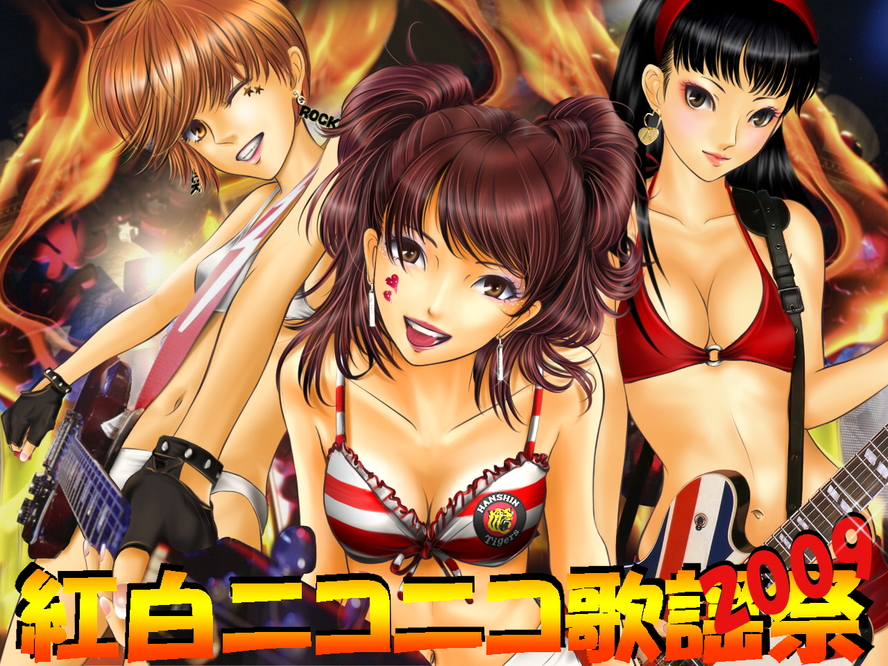 black axela, blackaxela, amagi yukiko, kujikawa rise, satonaka chie, atlus, gibson sg, persona, persona 4, 3girls, bikini, black hair, brown eyes, brown hair, earrings, fire, guitar, hairband, heart, instrument, jewelry, long hair, multiple girls, one eye closed, short hair, star (symbol), swimsuit, twintails, union jack, wink