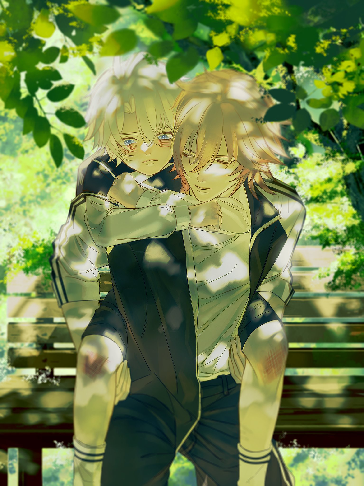 mydei (honkai: star rail), phainon (honkai: star rail), honkai: star rail, honkai (series), chinese commentary, commentary request, highres, 2boys, aged down, antenna hair, atalkingdonut, black jacket, black shorts, blonde hair, blue eyes, braid, carrying, dappled sunlight, facial tattoo, gradient hair, jacket, male focus, medium hair, multicolored hair, multiple boys, open clothes, open jacket, parted bangs, piggyback, red hair, red tattoo, shirt, short hair, shorts, side braid, sunlight, tattoo, tearing up, tree shade, white hair, white shirt, yellow eyes