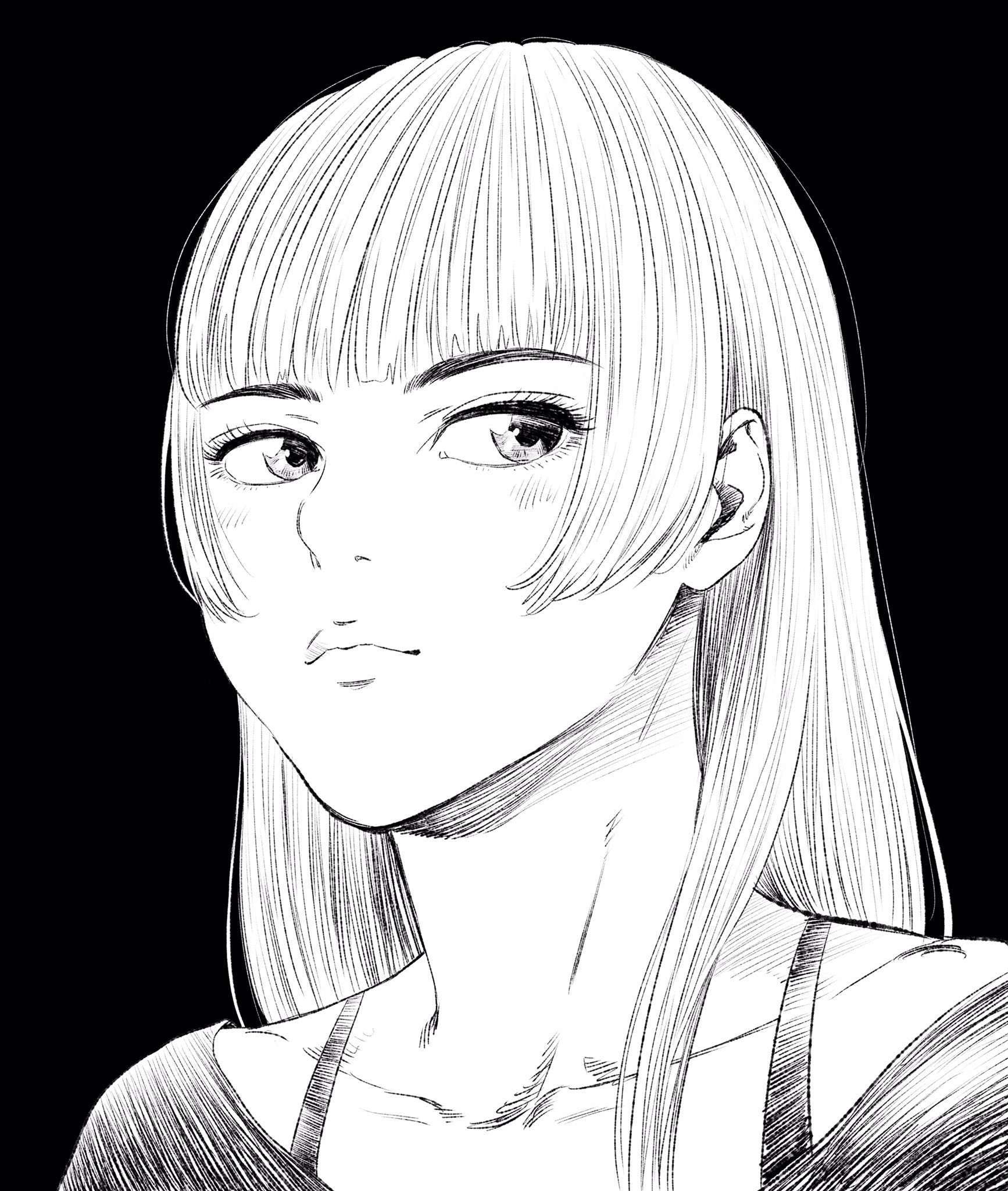 lee (dragon garou), original, commentary request, highres, 1girl, bra strap, collarbone, expressionless, greyscale, hatching (texture), light blush, light frown, long hair, monochrome, sideways glance, solo