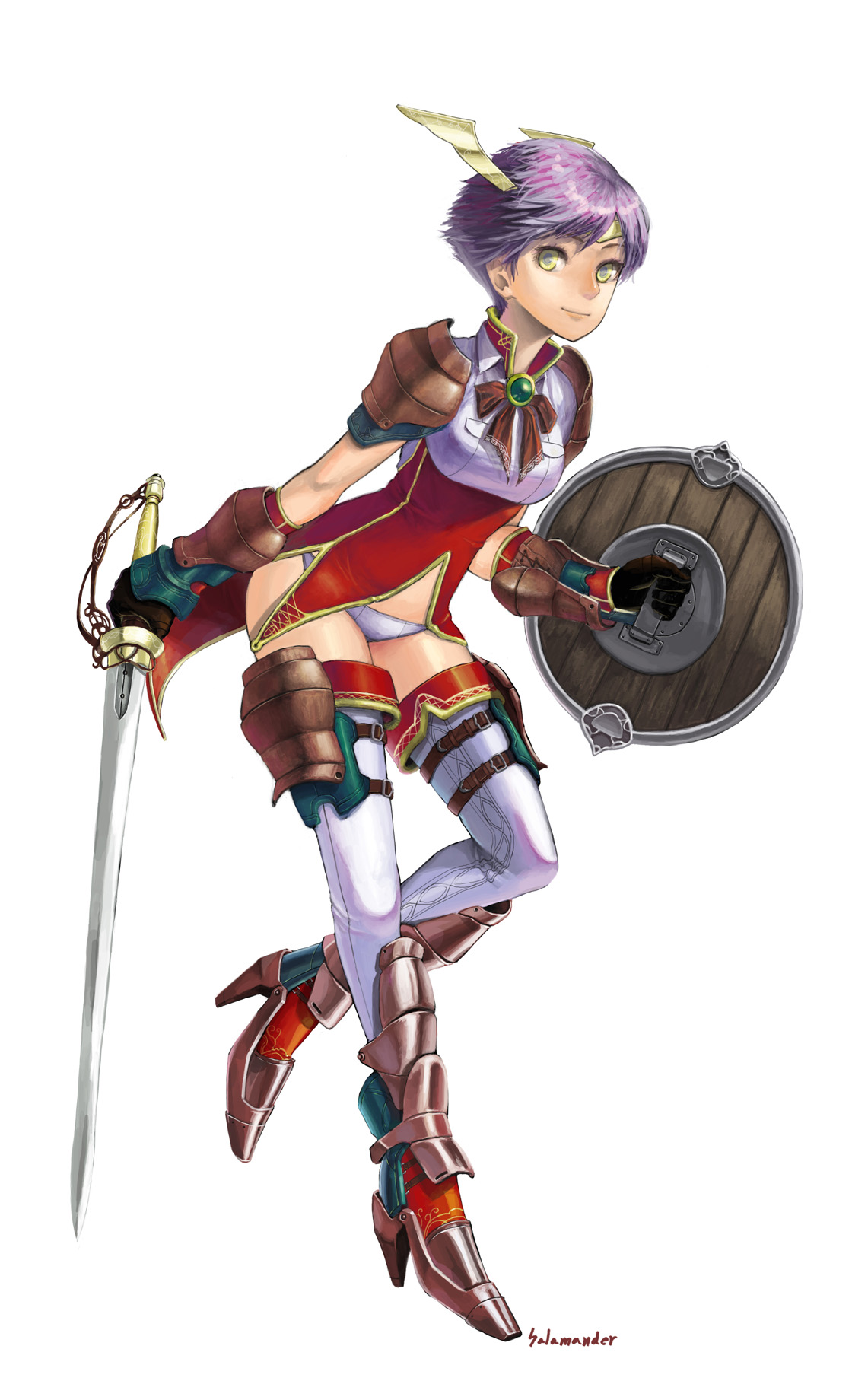 salamander (jonbonjovi82), original, highres, 1girl, armor, circlet, female focus, full body, greaves, head wings, panties, purple hair, shield, short hair, simple background, smile, solo, sword, thigh strap, thighhighs, underwear, weapon, white background, wings, yellow eyes