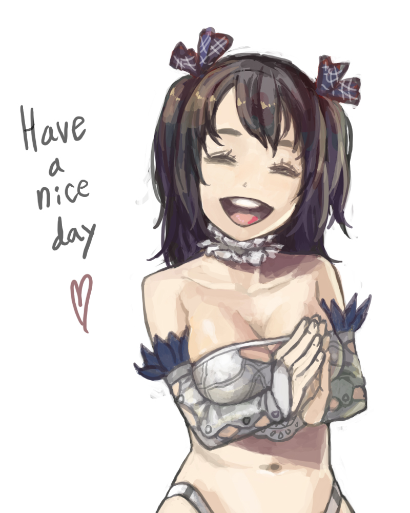 salamander (jonbonjovi82), 1girl, bare shoulders, breasts, brown hair, choker, cleavage, closed eyes, elbow gloves, female focus, gloves, happy, large breasts, long hair, smile, solo