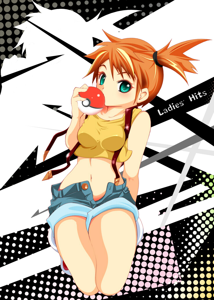 rairoma, misty (pokemon), nintendo, pokemon, pokemon (anime), pokemon (classic anime), 1girl, aqua eyes, breasts, female focus, holding, holding poke ball, large breasts, midriff, navel, open fly, orange hair, poke ball, poke ball (basic), shorts, side ponytail, solo, suspenders, unbuttoned, unzipped