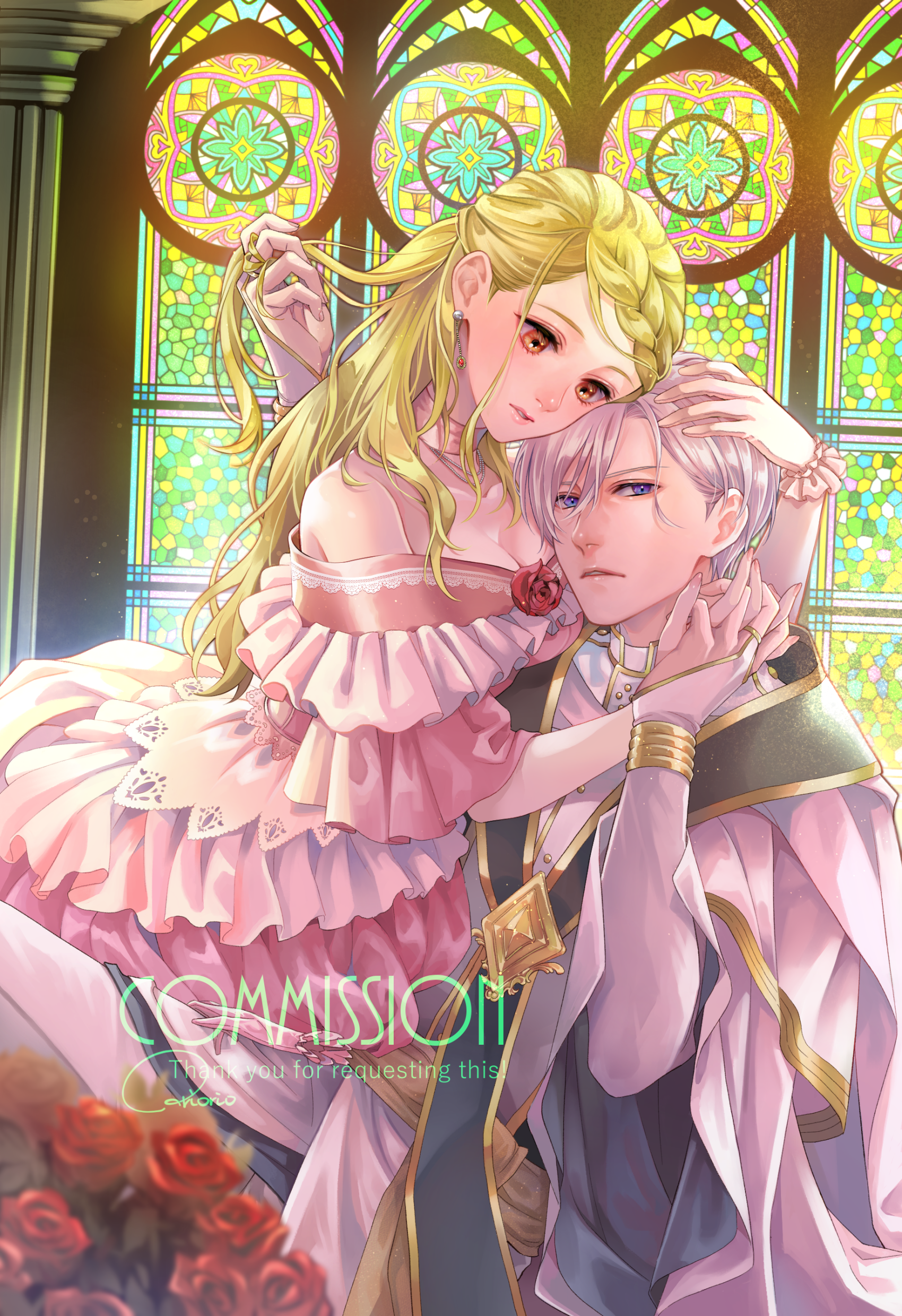 shiosawaori, original, absurdres, commission, highres, 1boy, 1girl, bare shoulders, blonde hair, blue eyes, bracer, braid, braided bangs, breasts, bridal gauntlets, brooch, choker, cleavage, clerical collar, cloak, corsage, cover, cover page, cowboy shot, dress, flower, frilled dress, frilled gloves, frills, gloves, grey vest, hair between eyes, hand in another's hair, hand on another's head, hetero, holding hands, hug, interlocked fingers, jewelry, kneeling, large breasts, layered dress, multicolored eyes, necklace, off-shoulder dress, off shoulder, orange eyes, pants, parted lips, pink choker, pink dress, pink lips, pink nails, purple eyes, red flower, red rose, rose, sash, shirt, short hair, side part, single glove, sitting, stained glass, stole, three-quarter sleeves, two-tone eyes, vest, waist sash, white bridal gauntlets, white cloak, white gloves, white hair, white pants, white shirt, wide sleeves, yellow sash