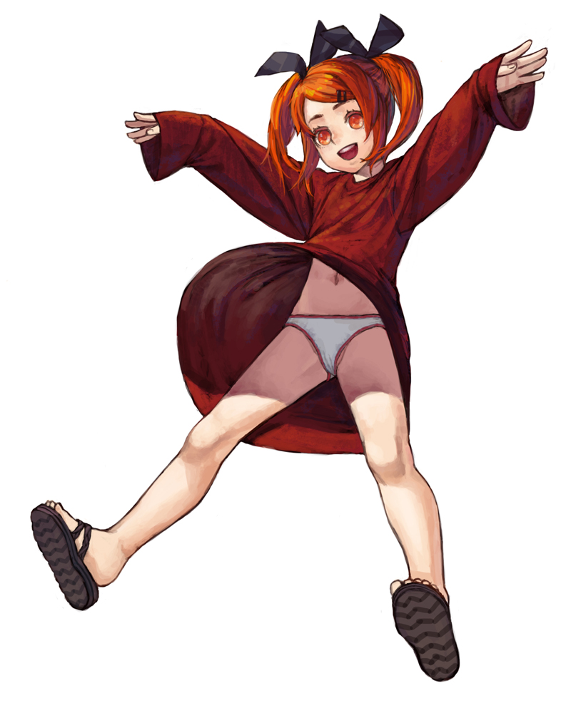 salamander (jonbonjovi82), original, 1girl, child, female focus, hair ornament, hair ribbon, hairclip, happy, matching hair/eyes, orange eyes, orange hair, panties, pantyshot, ribbon, sandals, solo, twintails, underwear