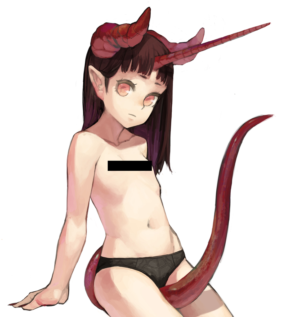 salamander (jonbonjovi82), original, bad id, highres, 1girl, brown hair, censored, female focus, fingernails, horns, loli, long fingernails, long hair, monster girl, nail polish, panties, serious, solo, tail, topless female, underwear