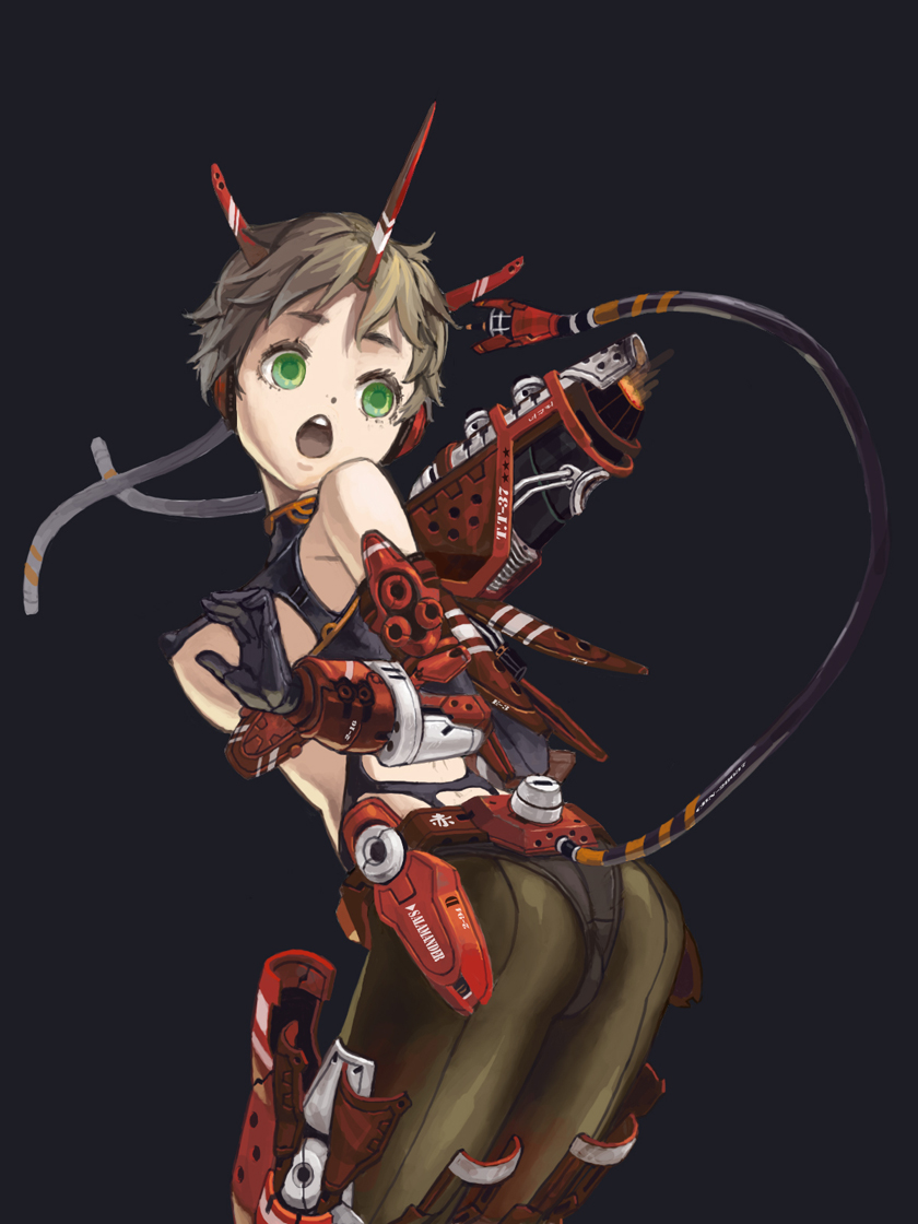 salamander (jonbonjovi82), 1girl, :o, android, armor, ass, brown hair, cable, cable tail, female focus, green eyes, horns, looking back, mecha musume, mechanical tail, pantyhose, short hair, solo, tail