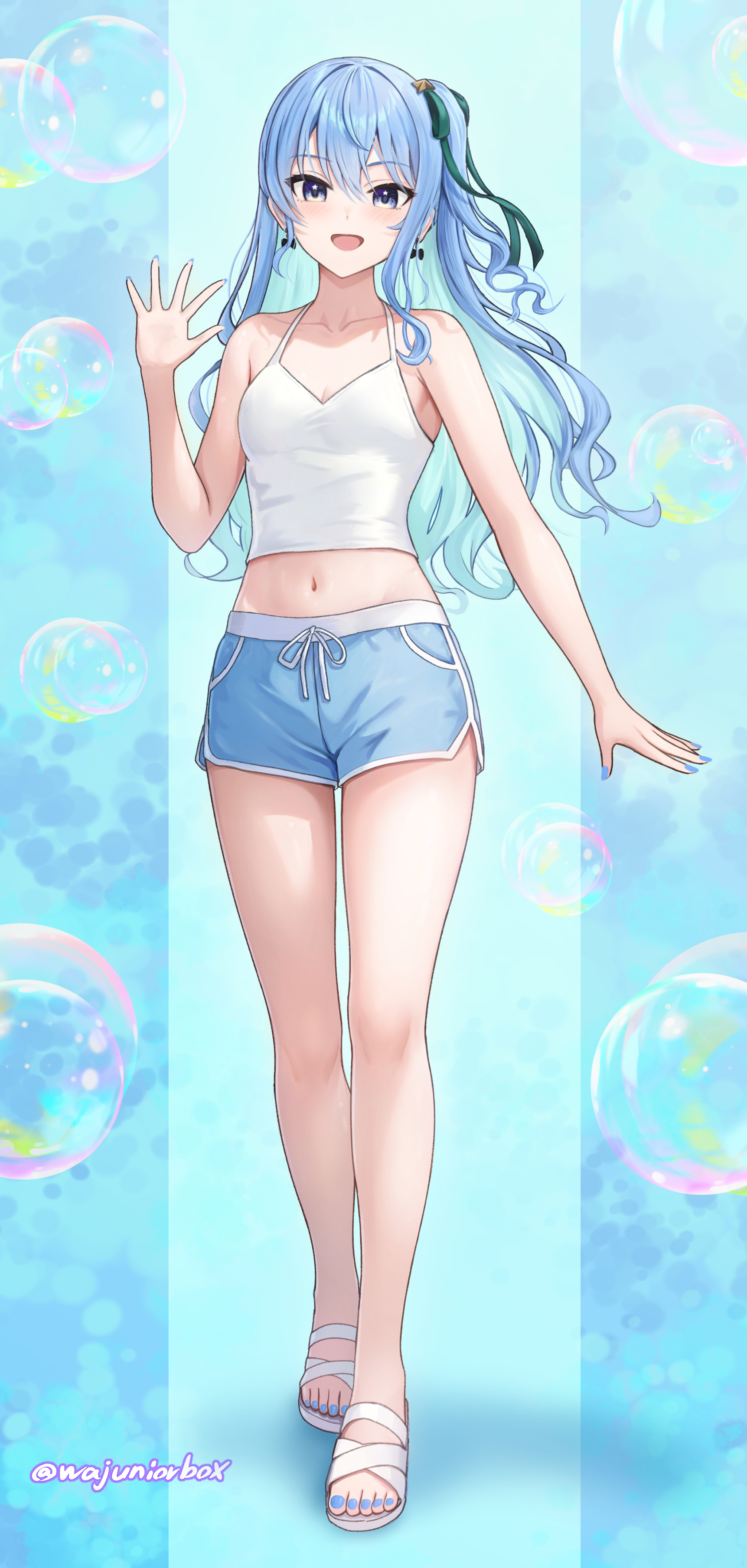 wajuniorbox, hoshimachi suisei, hololive, absurdres, commentary, hashtag-only commentary, highres, revision, 1girl, :d, alternate costume, bare legs, blue eyes, blue hair, blue nails, bow, bow earrings, breasts, bubble background, camisole, cleavage, collarbone, crop top, dolphin shorts, drawstring, earrings, feet, full body, hair ribbon, hand up, jewelry, legs, midriff, nail polish, navel, one side up, open hand, open mouth, ribbon, sandals, shorts, small breasts, smile, solo, star (symbol), star in eye, stomach, symbol in eye, thighs, toenail polish, toenails, toes, virtual youtuber, wavy hair, white camisole