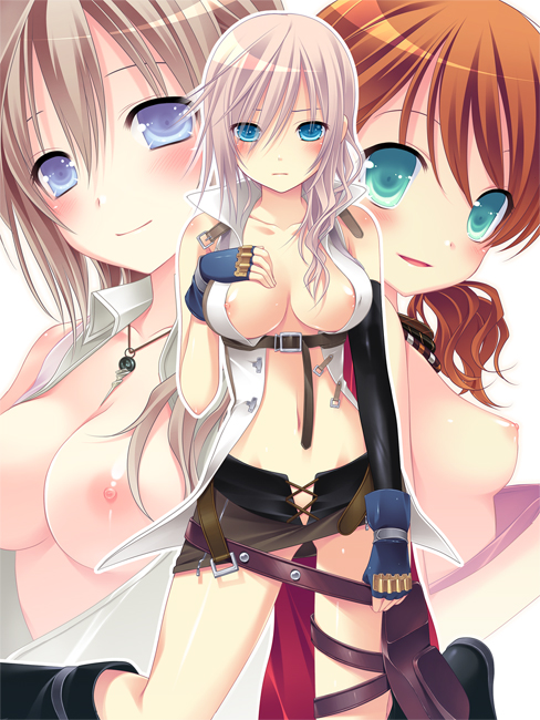 makita maki, lightning farron, oerba dia vanille, serah farron, final fantasy, final fantasy xiii, bad id, bad pixiv id, 10s, 3girls, aqua eyes, blue eyes, breasts, brown hair, miniskirt, multiple girls, nipple slip, nipples, open clothes, open shirt, pink hair, shirt, skirt