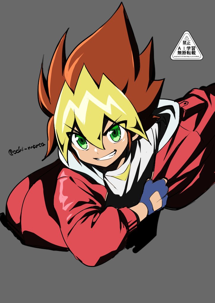 ochi marco, yu-gi-oh!, yu-gi-oh! sevens, character request, 1boy, blonde hair, blue gloves, brown hair, fingerless gloves, gloves, grey background, jacket, male focus, red jacket, shirt, short hair, simple background, solo, twitter username, upper body, watermark, white shirt