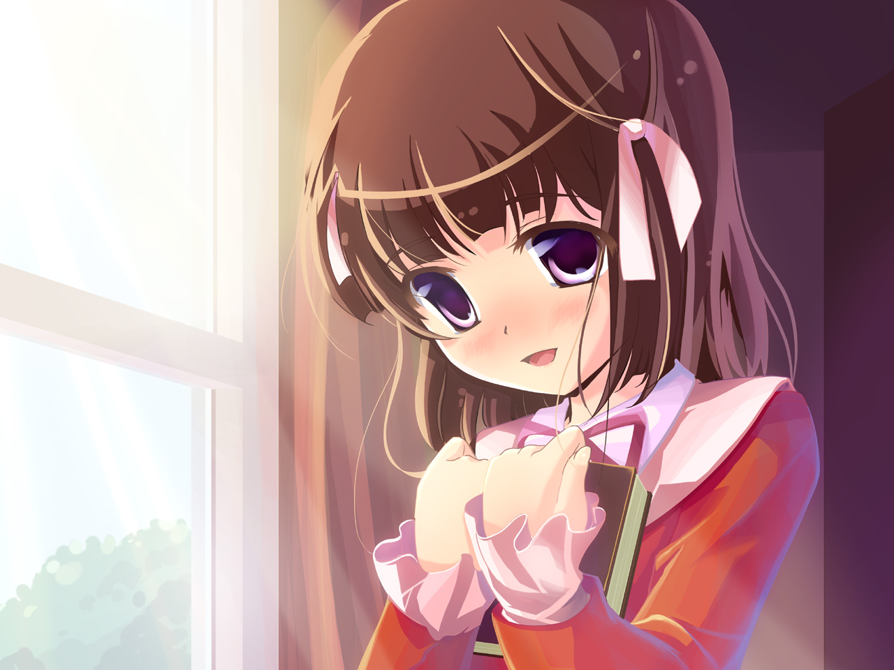 nashigo, shiomiya shiori, kami nomi zo shiru sekai, 1girl, blush, book, brown hair, female focus, hair ribbon, hime cut, indoors, nature, open mouth, purple eyes, ribbon, school uniform, serafuku, short hair, sky, smile, solo