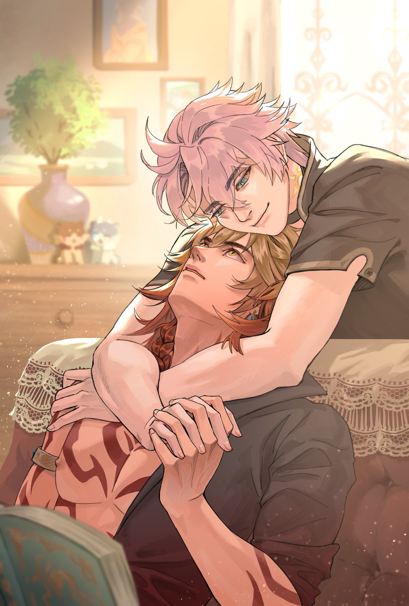 mydei (fig stew) (honkai: star rail), mydei (honkai: star rail), phainon (honkai: star rail), phainon (vigethos) (honkai: star rail), honkai: star rail, honkai (series), commentary, english commentary, highres, 2boys, antenna hair, arm tattoo, armlet, black choker, black coat, black shirt, blonde hair, blue eyes, braid, chest tattoo, choker, coat, couch, facial tattoo, gradient hair, holding hands, hug, hug from behind, indoors, jewelry, male focus, medium hair, multicolored hair, multiple boys, neck tattoo, open clothes, open coat, parted bangs, picture frame, plant, potted plant, red hair, red tattoo, ren 4dxo, shirt, short hair, short sleeves, side braid, sun symbol, sun tattoo, tan, tattoo, vase, white hair, yaoi, yellow eyes