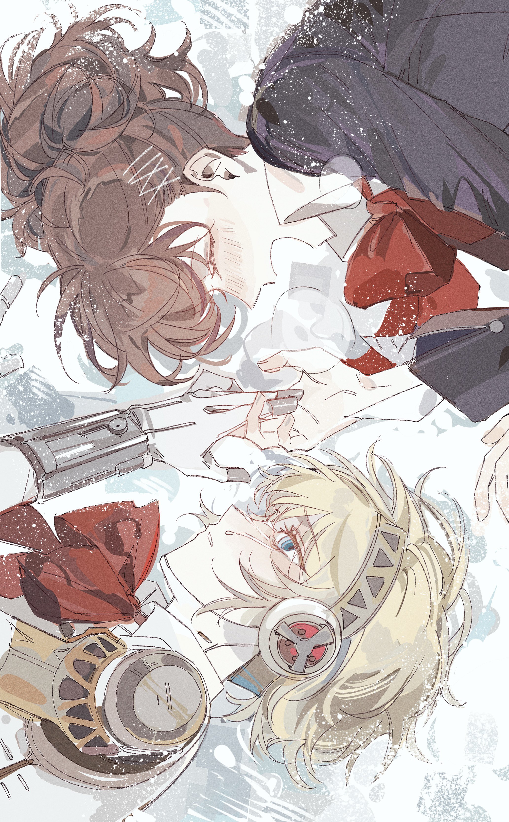 aigis (persona), shiomi kotone, persona, persona 3, persona 3 portable, absurdres, commentary request, highres, korean commentary, 2girls, :d, android, black jacket, blonde hair, blue eyes, blush, bow, bowtie, brown hair, clar sona, closed eyes, crying, crying with eyes open, gekkoukan high school uniform, gold hairband, hair ornament, hairband, hairclip, holding hands, jacket, joints, looking at another, lying, multiple girls, on side, open mouth, parted lips, portrait, red bow, red bowtie, robot ears, robot joints, rotational symmetry, school uniform, short hair, smile, snow, tears, yuri
