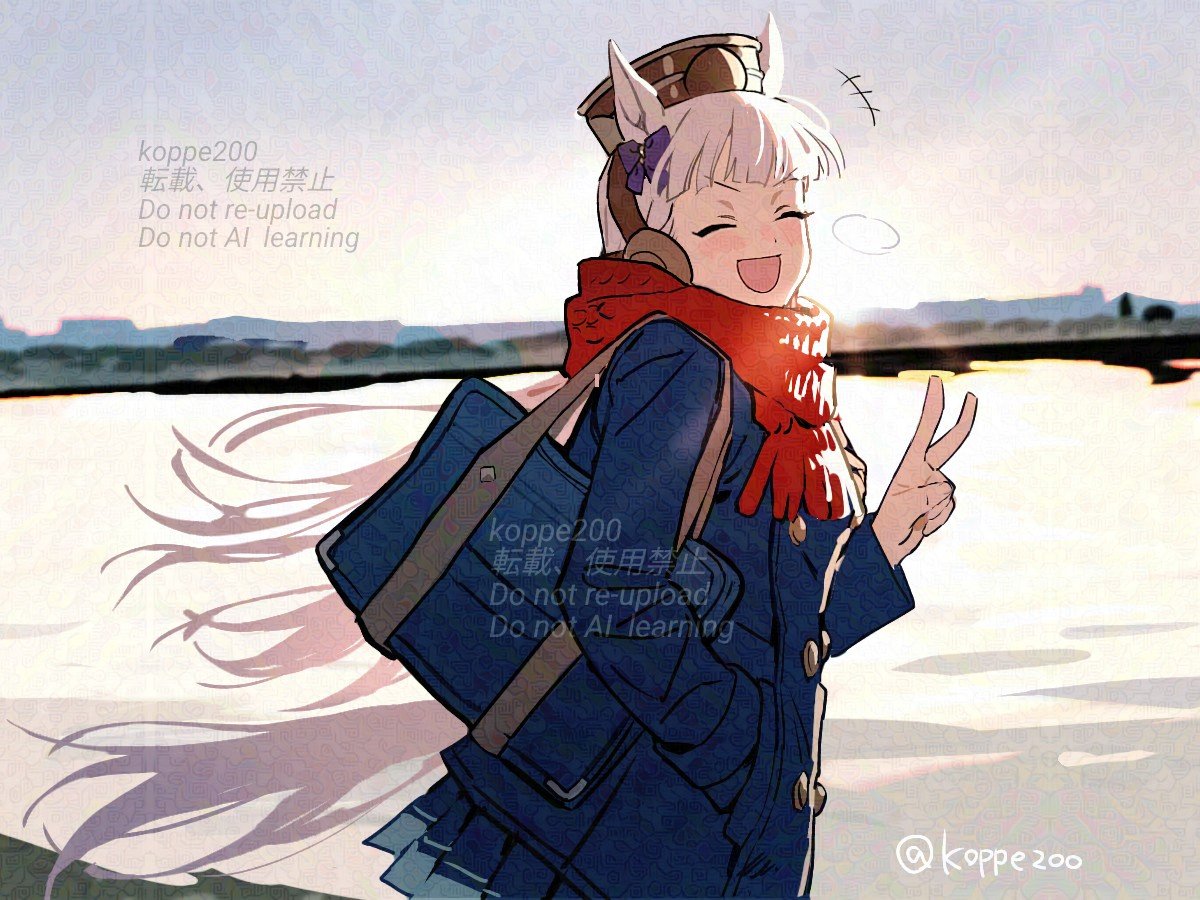 koppe koppe, gold ship (umamusume), umamusume, 1girl, animal ears, blue coat, blunt bangs, blush, bow, brown hat, coat, ear bow, facing viewer, grey hair, hand in pocket, hat, horse ears, horse girl, horse tail, long hair, open mouth, outdoors, pillbox hat, purple bow, red scarf, scarf, school uniform, sky, smile, solo, tail, tracen school uniform, tracen winter coat, v, winter clothes, winter coat, winter uniform