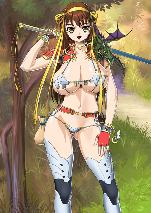 oxide (artist), suzumiya haruhi, original, suzumiya haruhi no yuuutsu, bad id, bad pixiv id, source request, 00s, 1girl, armor, bikini armor, boots, breasts, brown hair, cleavage, dragon, fantasy, female focus, gem, gloves, headband, huge breasts, long hair, midriff, open mouth, pouch, ribbon, smile, solo, sword, thighhighs, weapon, yellow eyes