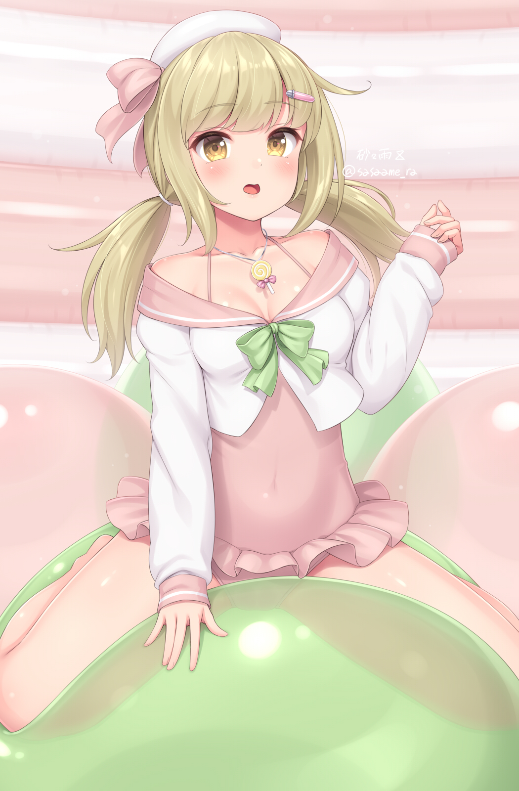 sasaame, original, commentary request, highres, 1girl, ball, bare shoulders, blonde hair, breasts, collarbone, frilled one-piece swimsuit, frills, hat, long hair, long sleeves, looking at viewer, medium breasts, off shoulder, one-piece swimsuit, open mouth, pink one-piece swimsuit, shirt, sleeves past wrists, solo, swimsuit, twintails, white hair, white shirt, yellow eyes