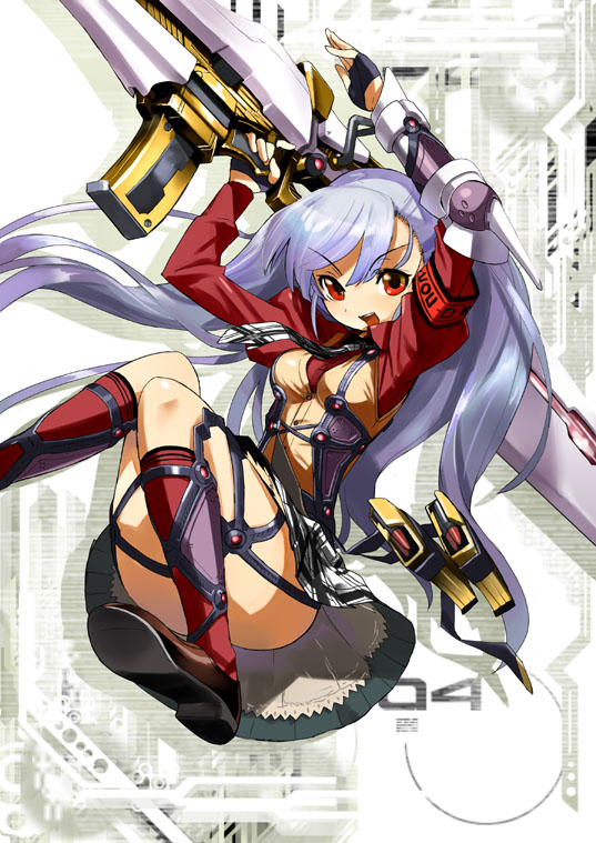 adachi yousuke, original, silver hair, 1girl, boots, bullet, female focus, gun, red eyes, skirt, solo, weapon
