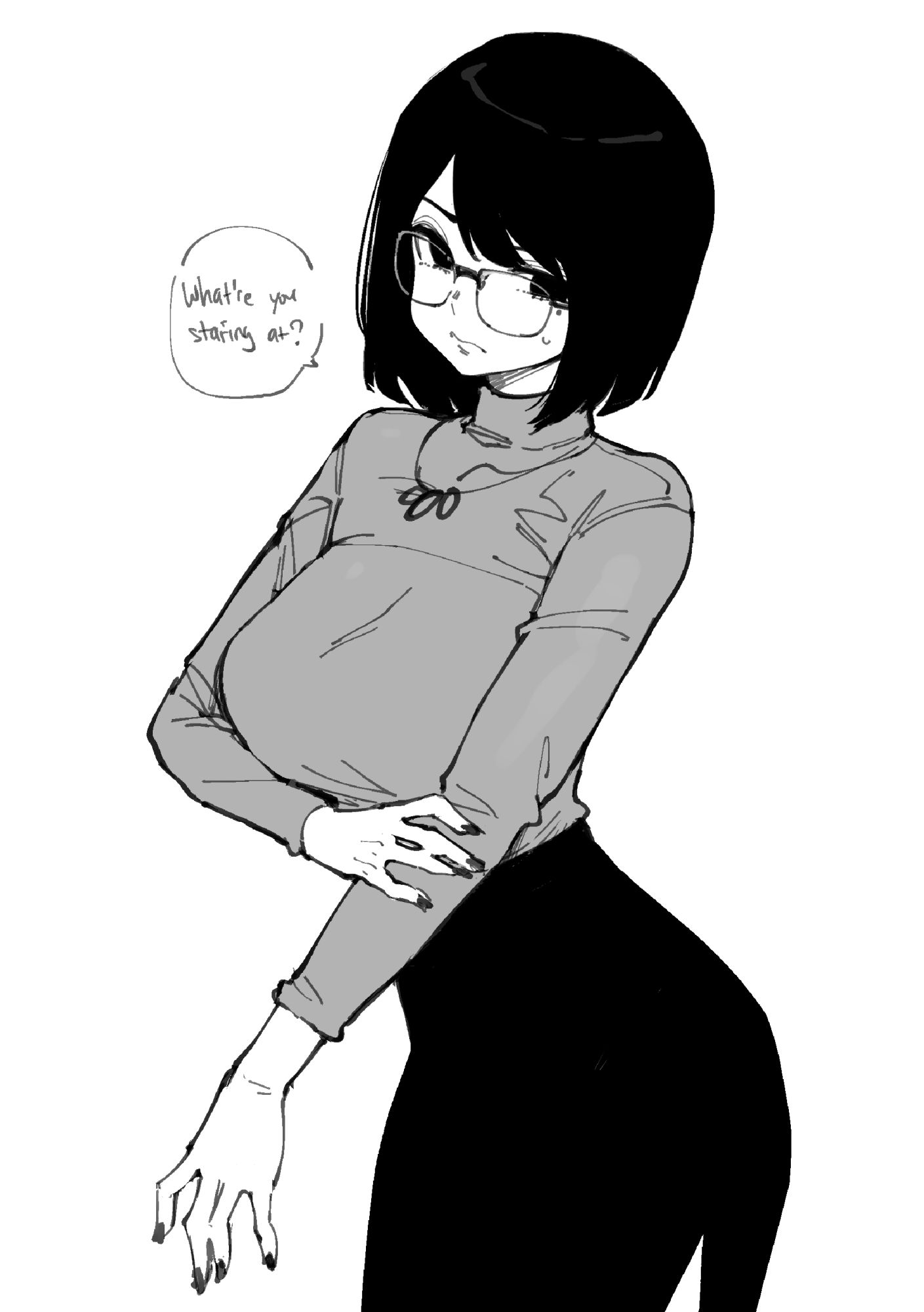 norman maggot, desyana laurentia, original, highres, 1girl, annoyed, black nails, bob cut, breasts, closed mouth, cowboy shot, english text, glasses, greyscale, jewelry, large breasts, leaning forward, long sleeves, looking at viewer, medium hair, monochrome, necklace, pencil skirt, raised eyebrow, simple background, skirt, solo, speech bubble, sweater, sweater tucked in, swept bangs, turtleneck, white background