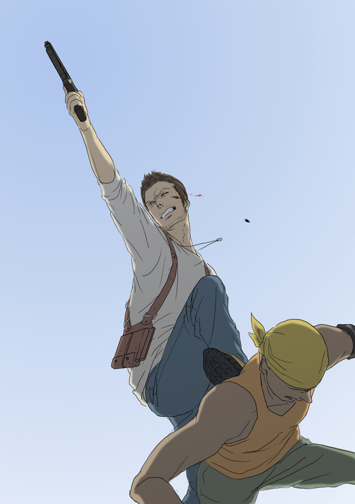 gb (doubleleaf), gb (pixiv), nathan drake, naughty dog, uncharted, 2boys, animification, bandana, blood, brown hair, bullet, fighting, gun, jewelry, multiple boys, necklace, one eye closed, weapon, wink