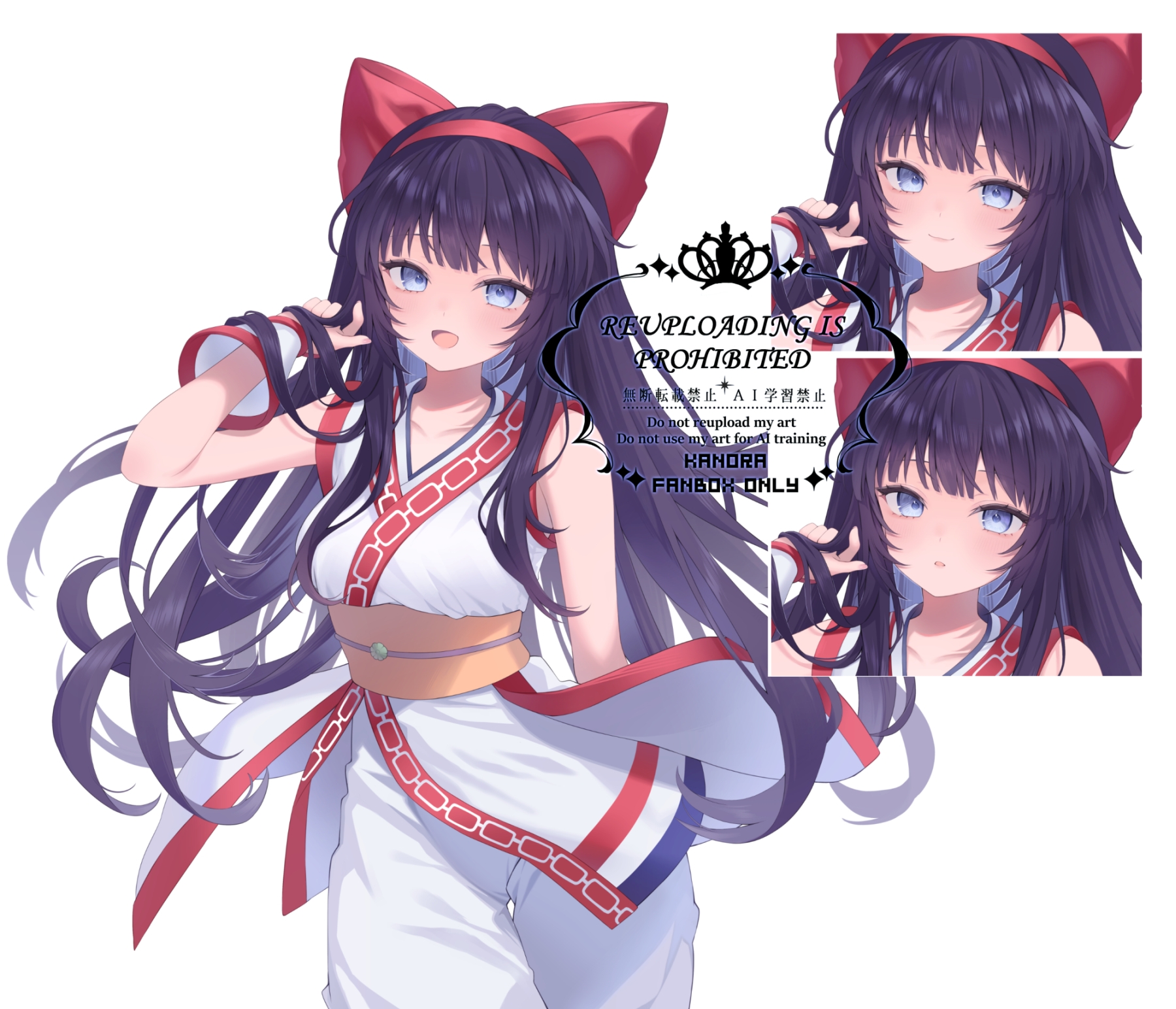 nakoruru, samurai spirits, snk, the king of fighters, highres, 1girl, ainu clothes, arm behind back, arm up, artist name, blue eyes, breasts, hair ribbon, half-closed eyes, long hair, looking at viewer, medium breasts, multiple expressions, open mouth, pants, parted lips, purple hair, ribbon, smile, solo, tongue