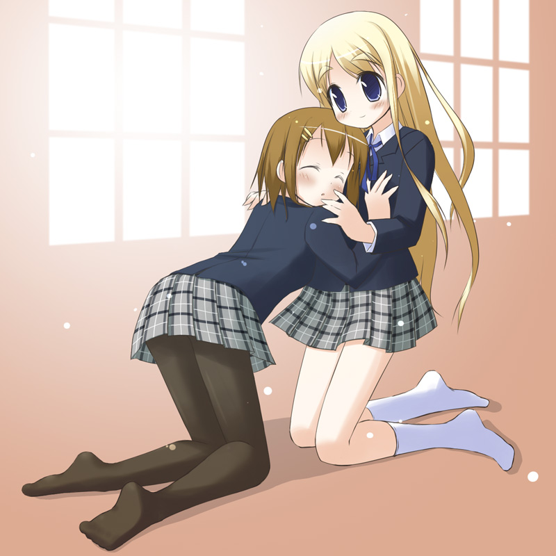 minidraco, hirasawa yui, kotobuki tsumugi, k-on!, bad id, bad pixiv id, 00s, 2girls, blonde hair, blue eyes, breasts, brown hair, feet, grabbing another's breast, groping, hug, kneeling, long hair, multiple girls, pantyhose, plaid clothes, plaid skirt, school uniform, short hair, skirt, yuri