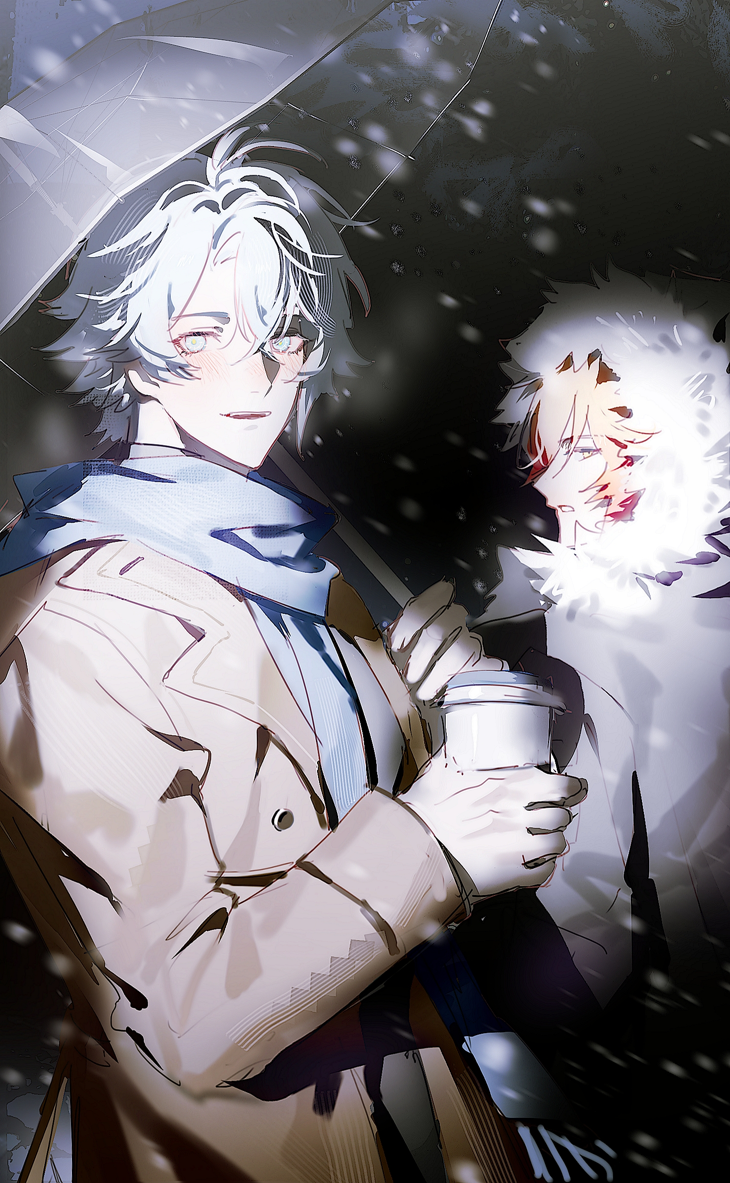 suirandanshihao, mydei (honkai: star rail), phainon (honkai: star rail), honkai: star rail, honkai (series), absurdres, highres, 2boys, antenna hair, black jacket, blonde hair, blue eyes, blue scarf, blush, brown coat, coat, cup, disposable coffee cup, disposable cup, fur-trimmed jacket, fur trim, gradient hair, holding, holding cup, holding umbrella, jacket, male focus, multicolored hair, multiple boys, parted bangs, red hair, red tattoo, scarf, short hair, snowing, umbrella, white hair, winter clothes, winter coat, yellow eyes