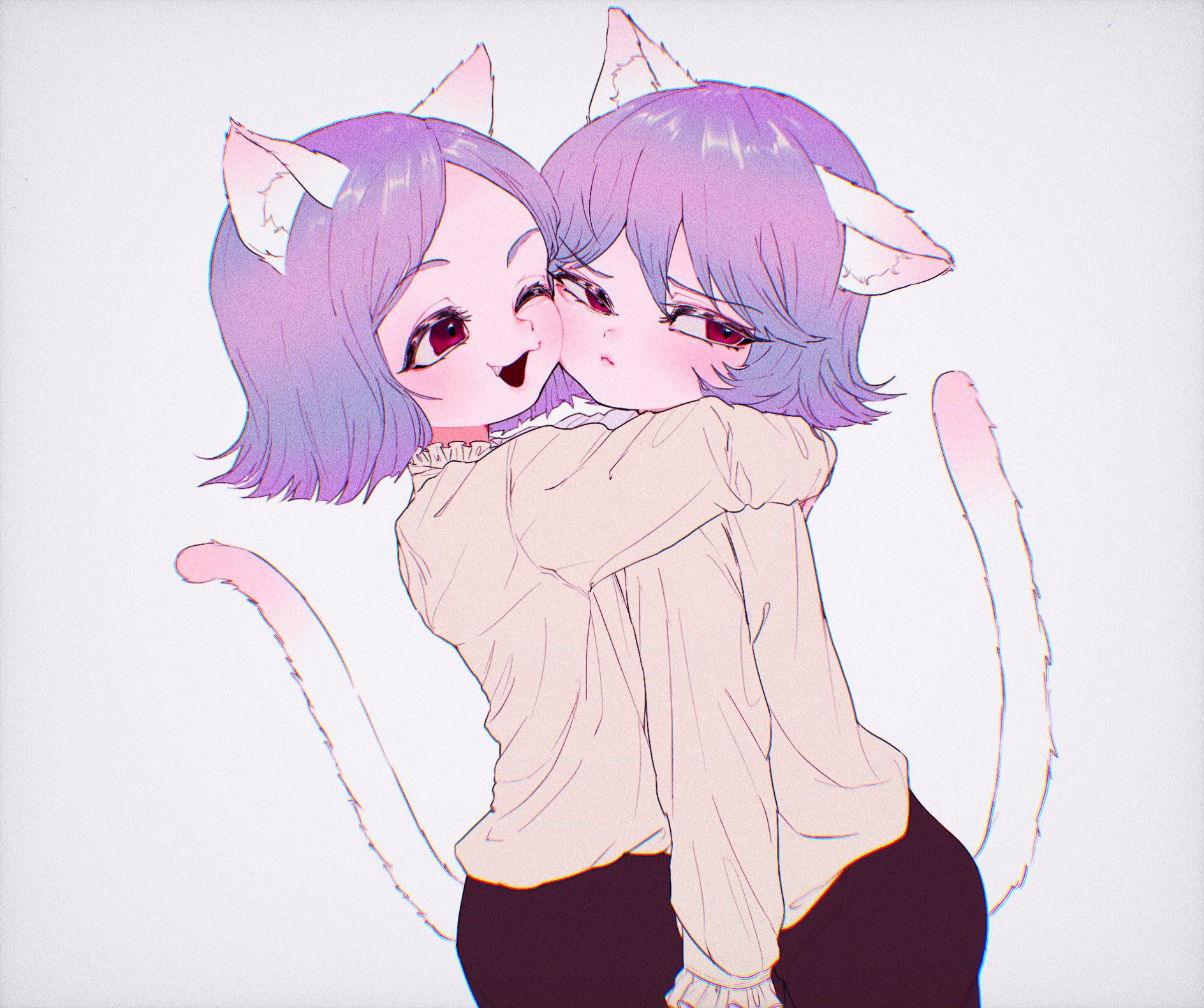 okubatomaeba, original, commentary request, highres, 2girls, animal ear fluff, animal ears, averting eyes, cat ears, cat girl, cat tail, closed mouth, double-parted bangs, fang, hug, long sleeves, looking at another, looking to the side, multiple girls, open mouth, parted bangs, purple hair, red eyes, shirt, short hair, simple background, tail, white background, yellow shirt